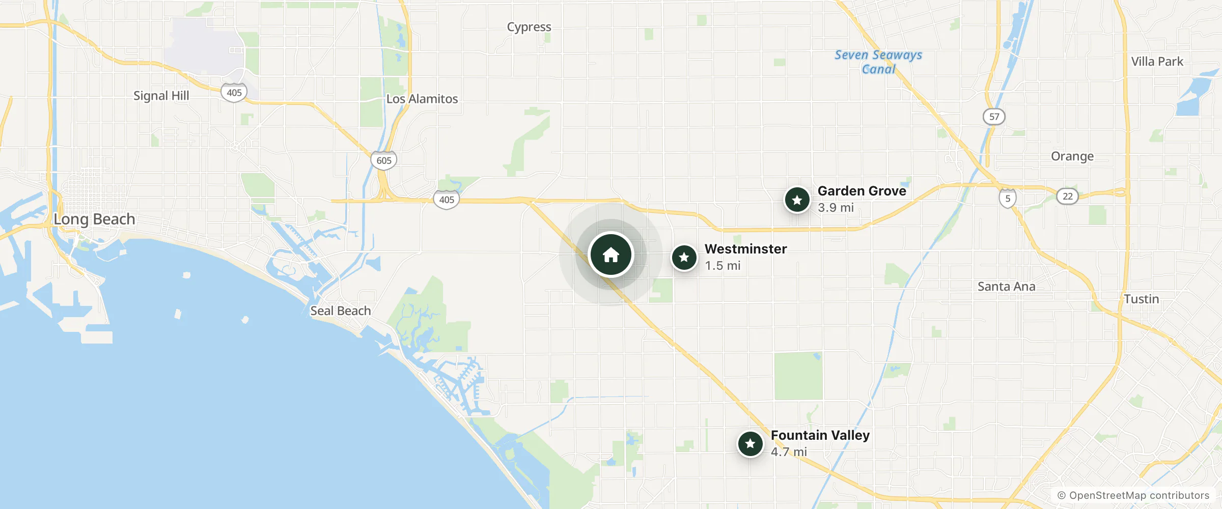 Map of Executive Suites Inn and nearby Westminster, Garden Grove and Fountain Valley
