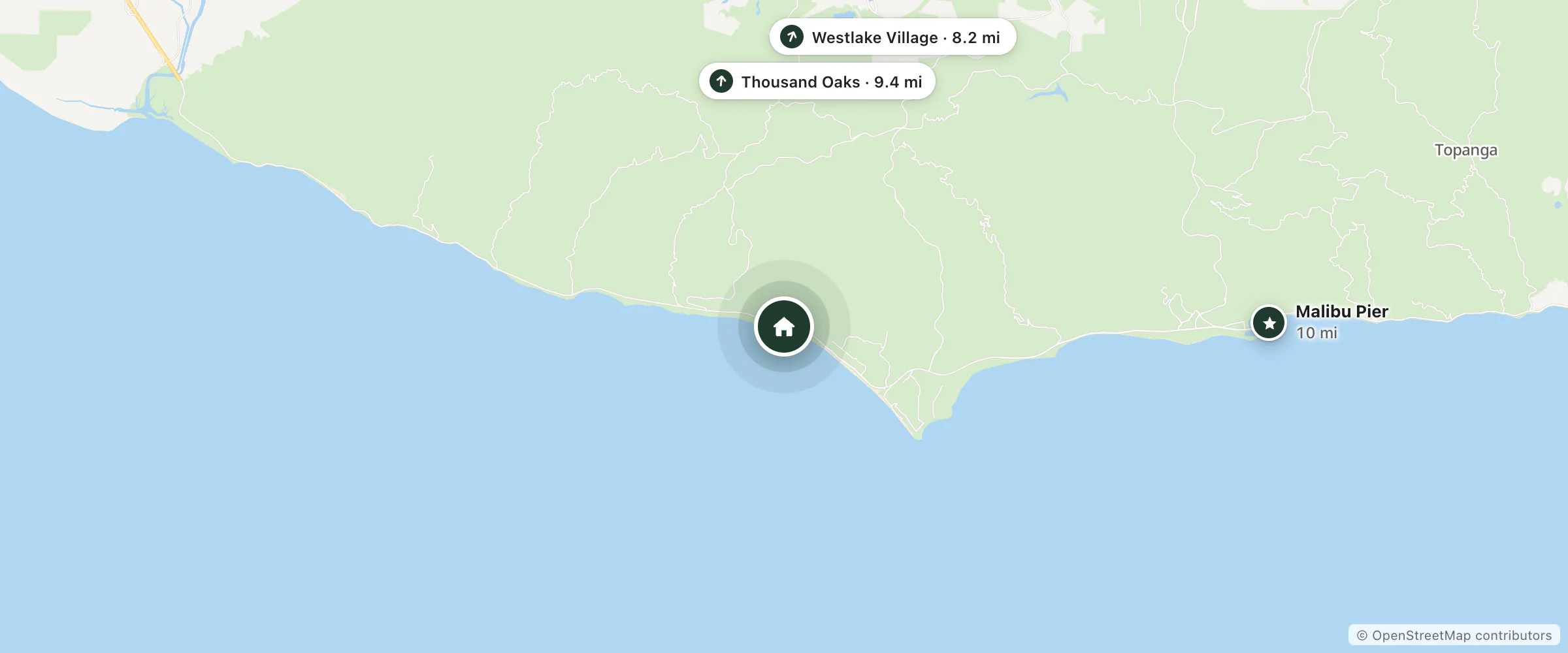 Map of Malibu Broad Beach House and nearby Westlake Village, Thousand Oaks and Malibu Pier