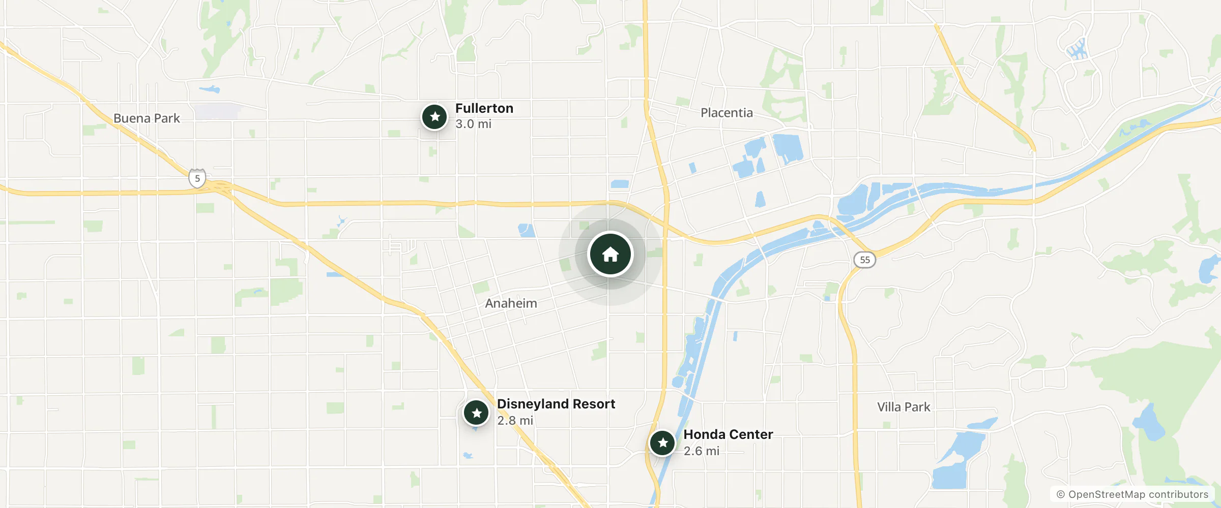 Map of Embassy Suites Anaheim-Orange and nearby Honda Center, Disneyland Resort and Fullerton