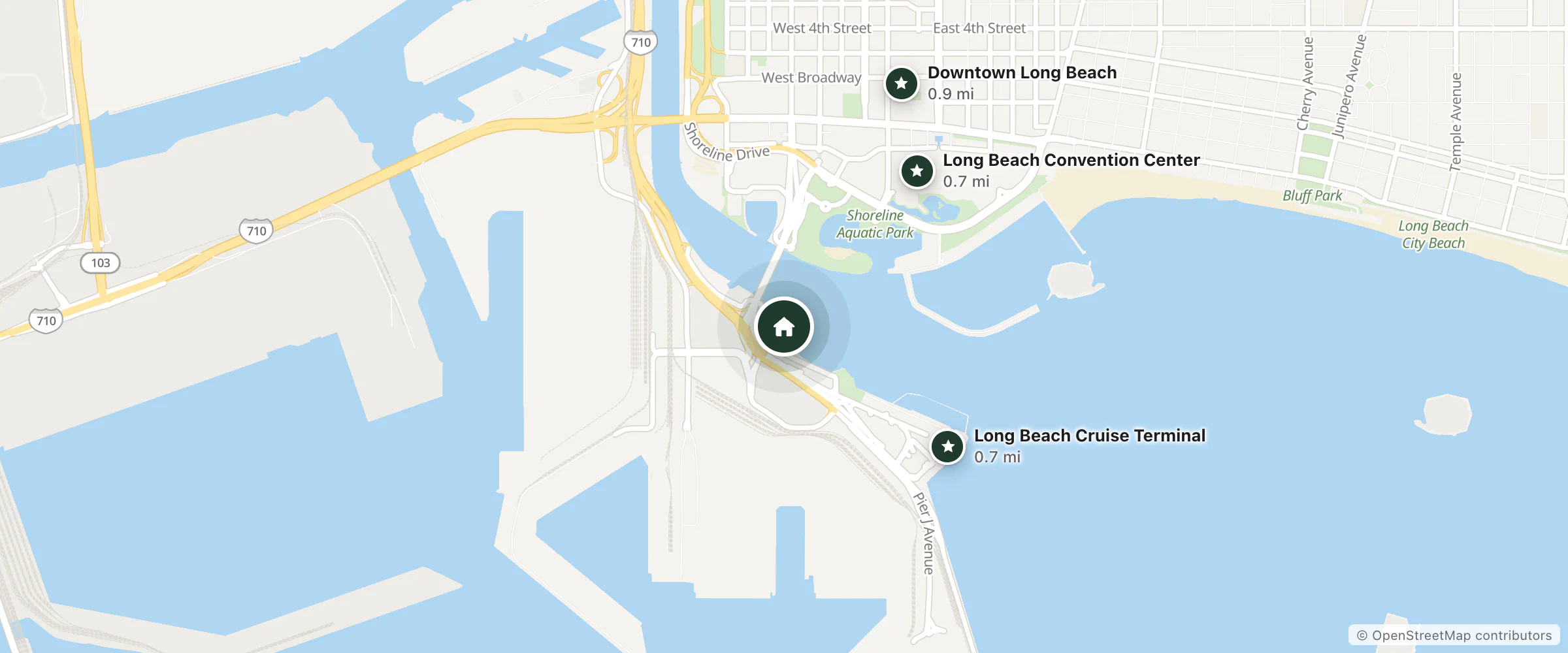 Map of Hotel Maya - A Doubletree By Hilton and nearby Long Beach Cruise Terminal, Long Beach Convention Center and Downtown Long Beach