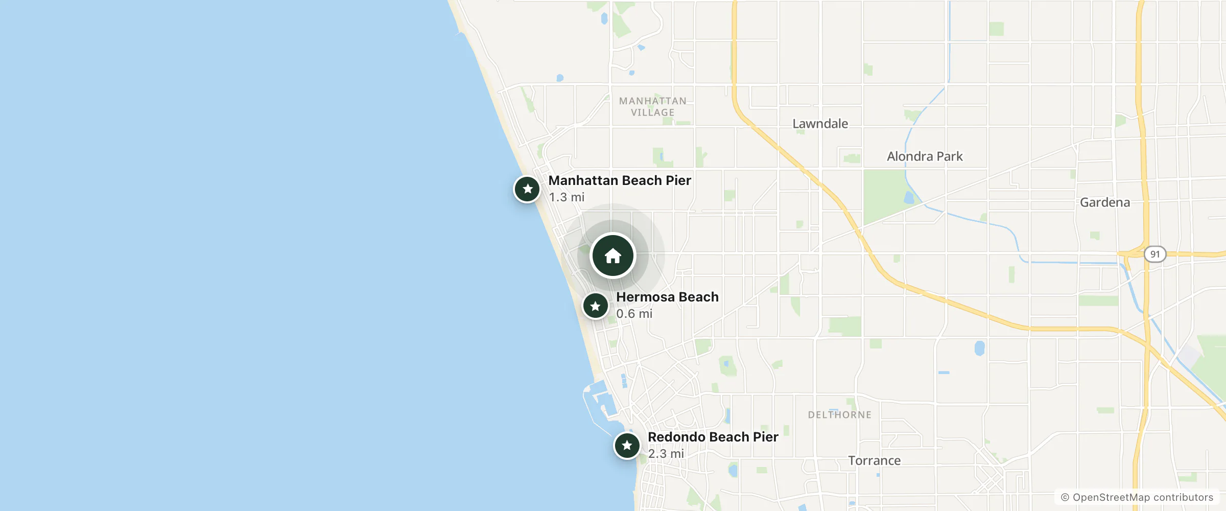 Map of Hotel Hermosa and nearby Hermosa Beach, Manhattan Beach Pier and Redondo Beach Pier