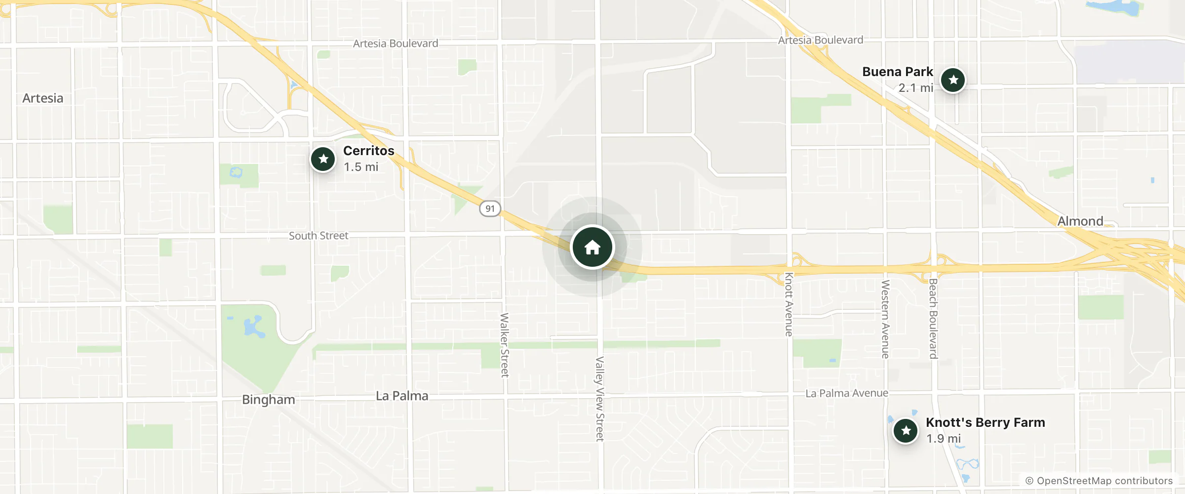 Map of Motel 6 and nearby Cerritos, Knott's Berry Farm and Buena Park
