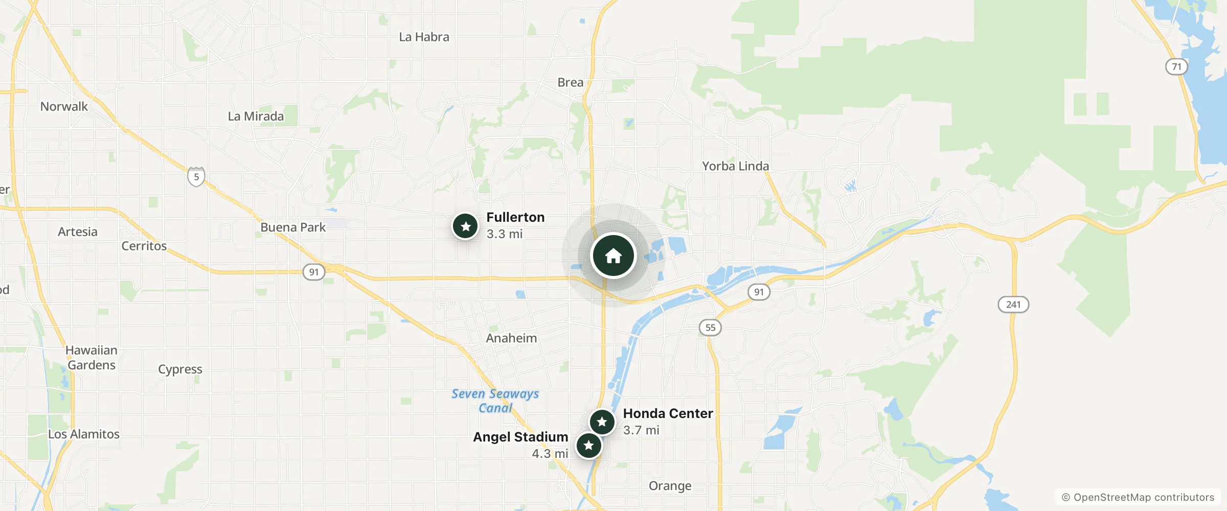 Map of Best Western Plus Anaheim Orange County Hotel and nearby Fullerton, Honda Center and Angel Stadium