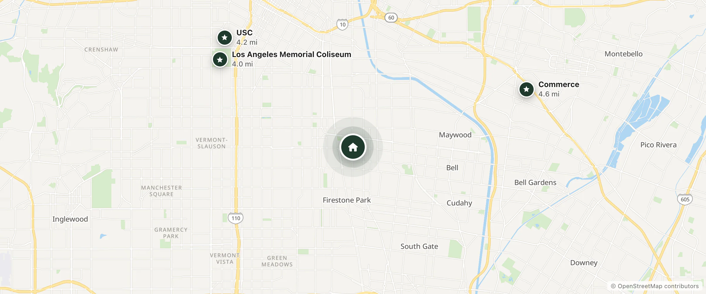 Map of Santa Fe Inn and nearby Los Angeles Memorial Coliseum, USC and Commerce