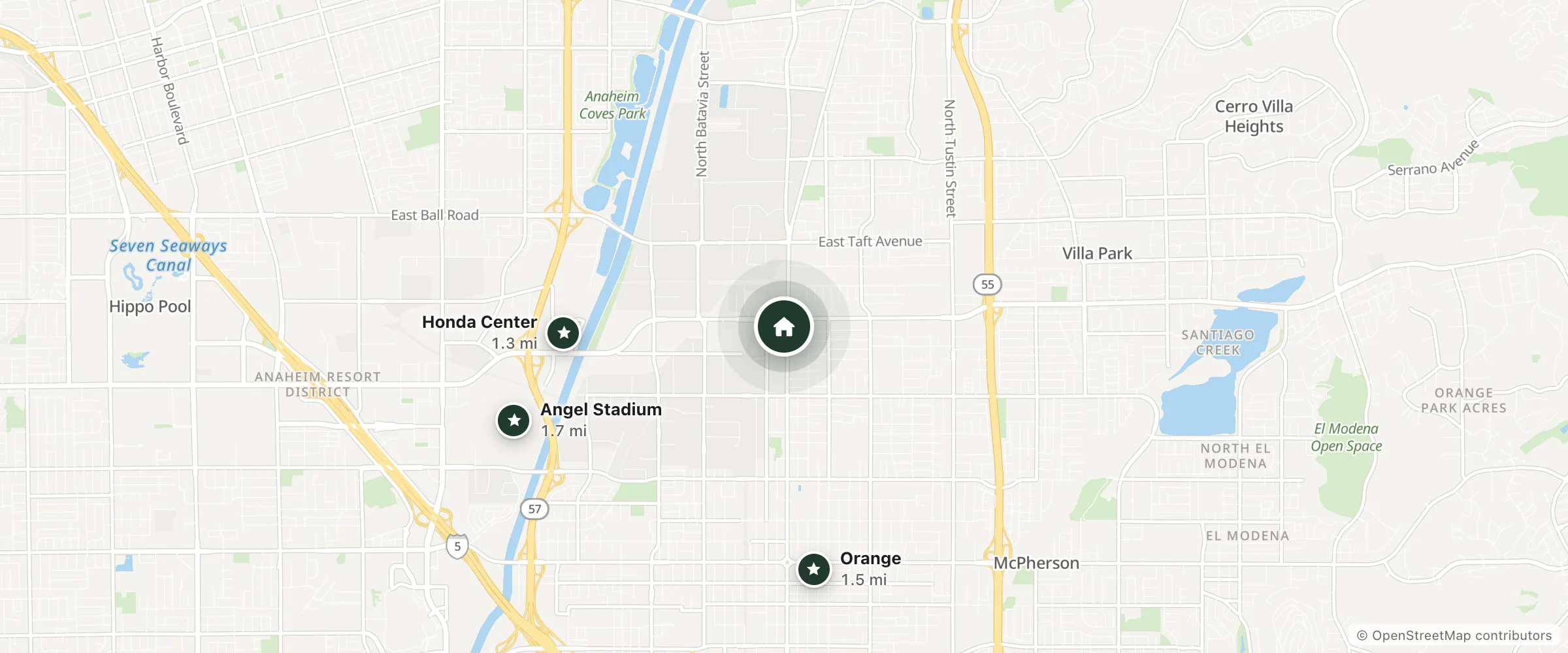 Map of Big A Motel and nearby Honda Center, Orange and Angel Stadium