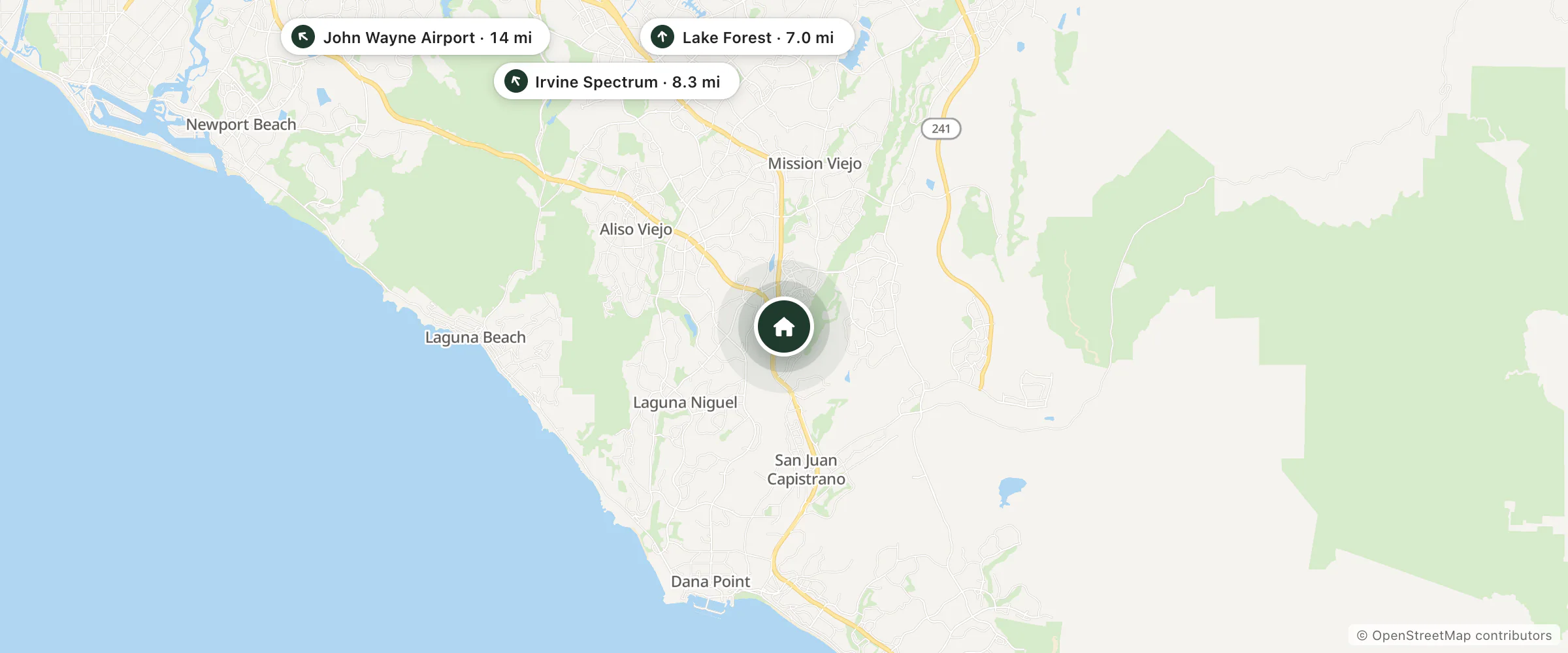 Map of Hampton Inn & Suites Mission Viejo and nearby Lake Forest, Irvine Spectrum and John Wayne Airport