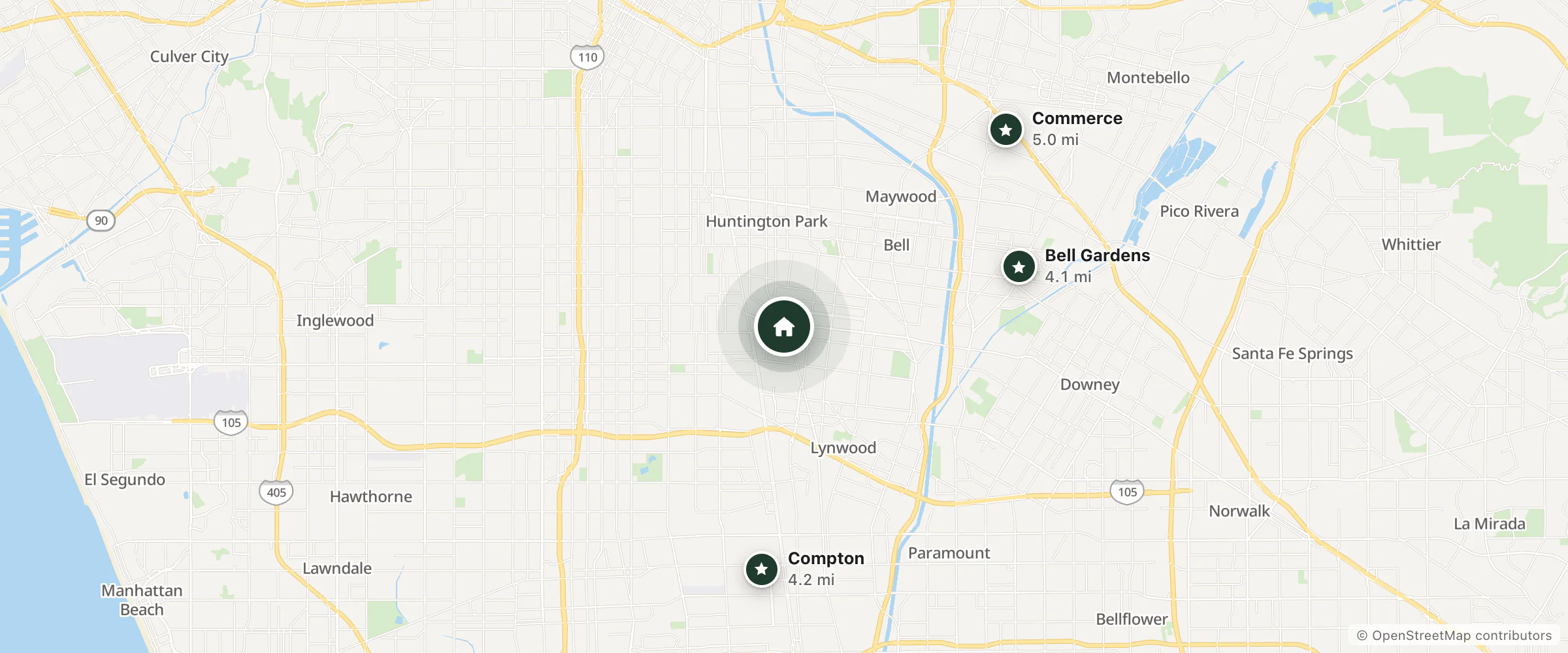 Map of Sands Inn and nearby Bell Gardens, Compton and Commerce