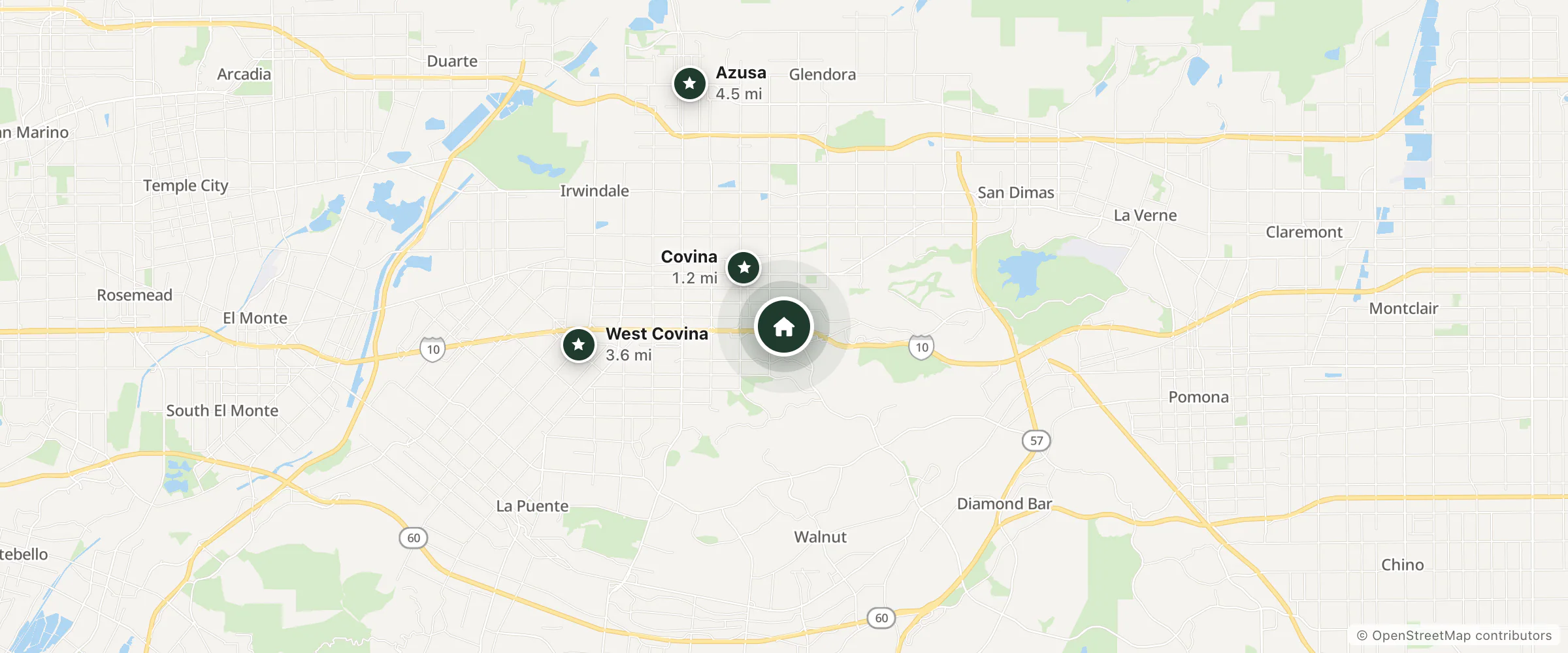 Map of Hampton Inn and nearby Covina, West Covina and Azusa