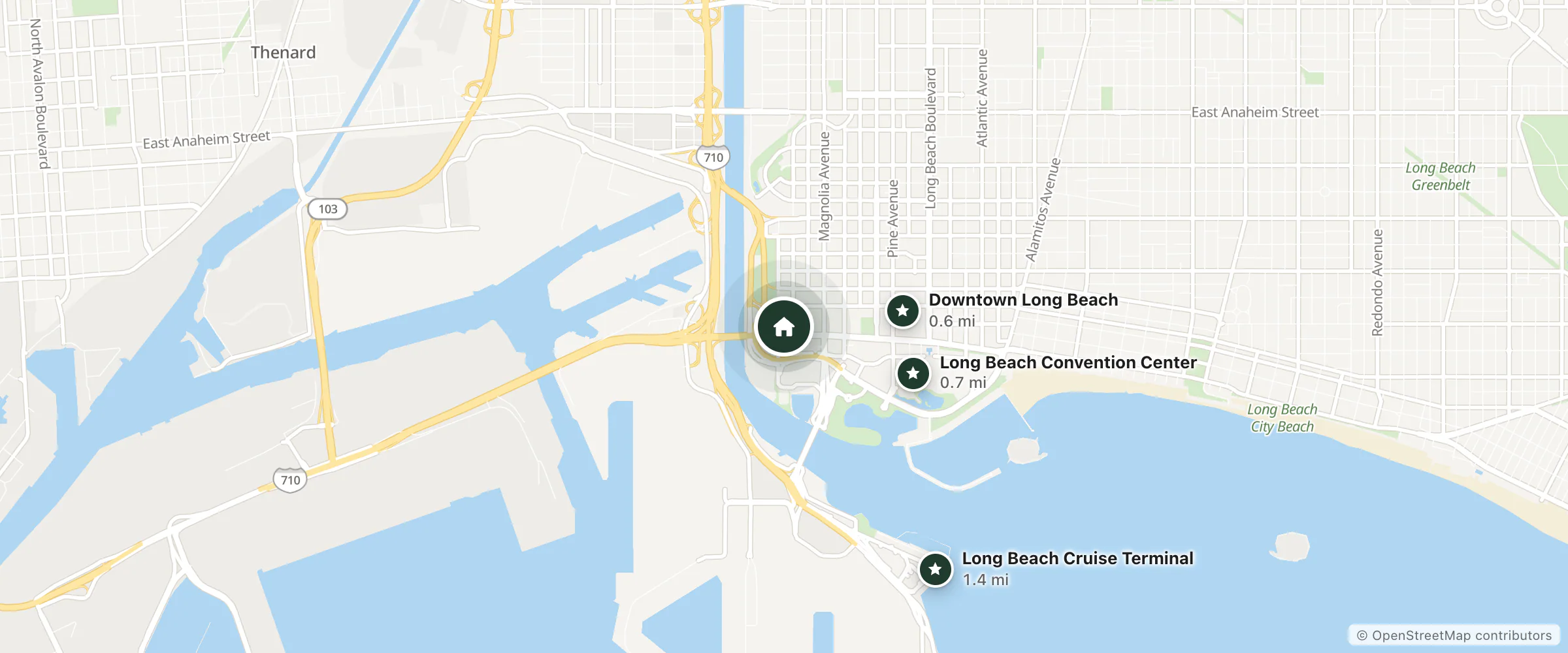 Map of Hilton Long Beach and nearby Downtown Long Beach, Long Beach Convention Center and Long Beach Cruise Terminal