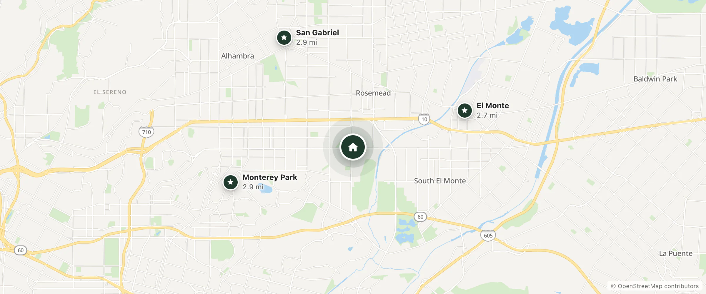 Map of Flamingo Inn and nearby El Monte, Monterey Park and San Gabriel