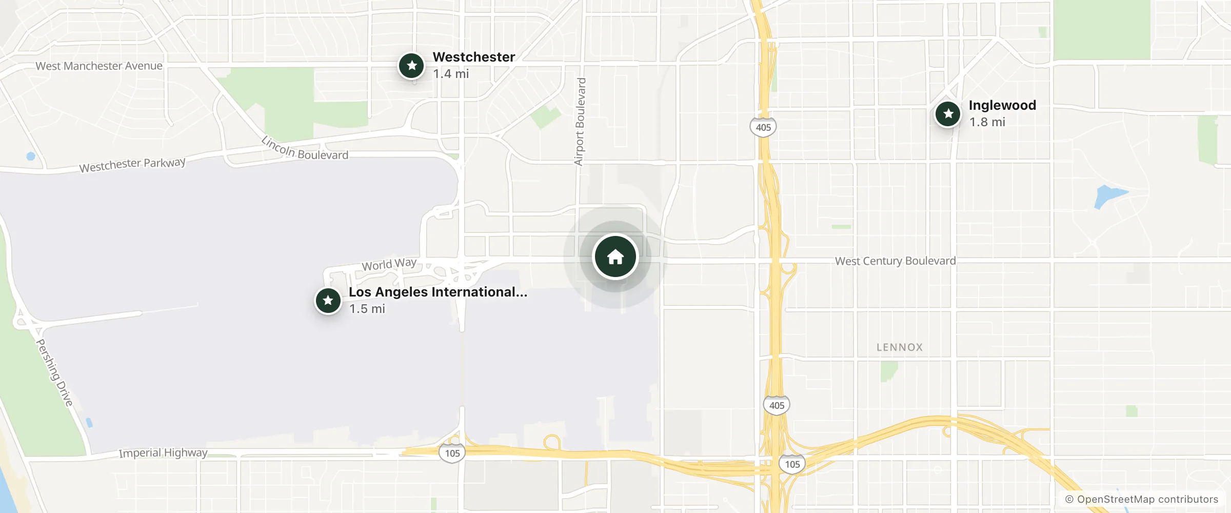 Map of Shangri-La Hotels & Resort and nearby Westchester, Los Angeles International Airport and Inglewood