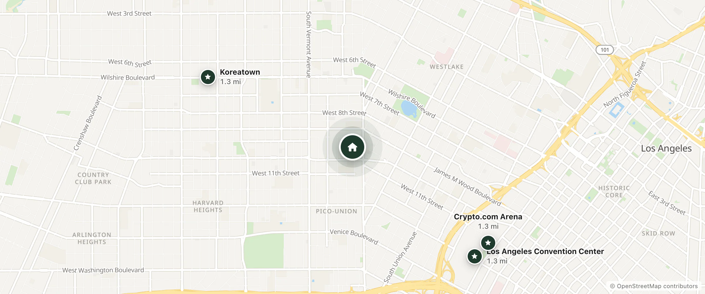 Map of Angeles B&B and nearby Koreatown, Los Angeles Convention Center and Crypto.com Arena