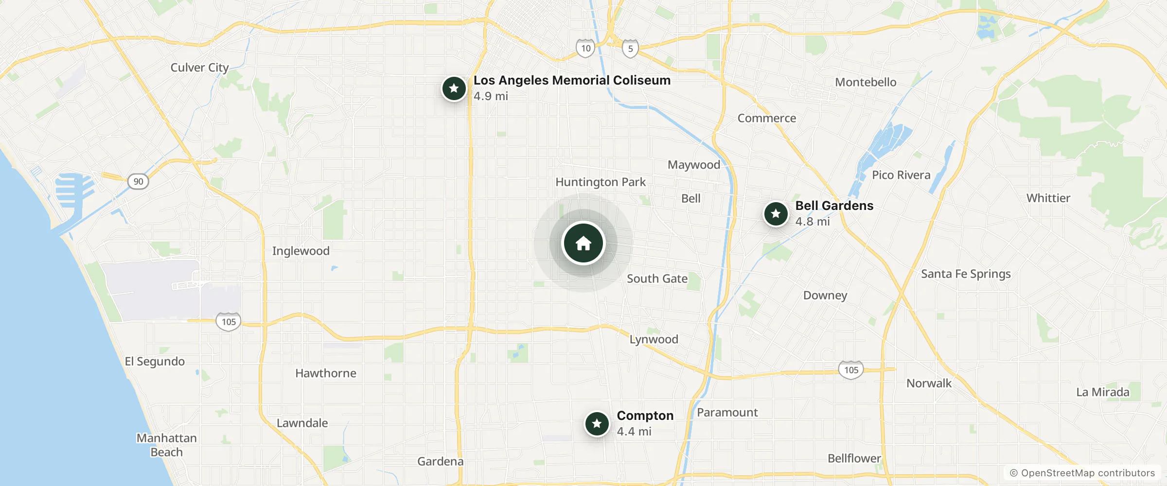 Map of Solo Motel and nearby Compton, Bell Gardens and Los Angeles Memorial Coliseum
