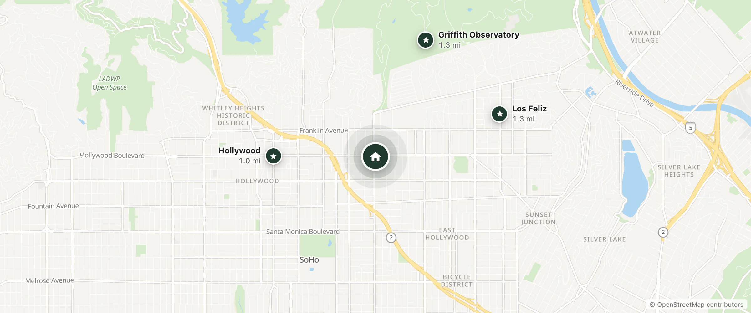 Map of Hollywood western hotel and nearby Hollywood, Griffith Observatory and Los Feliz