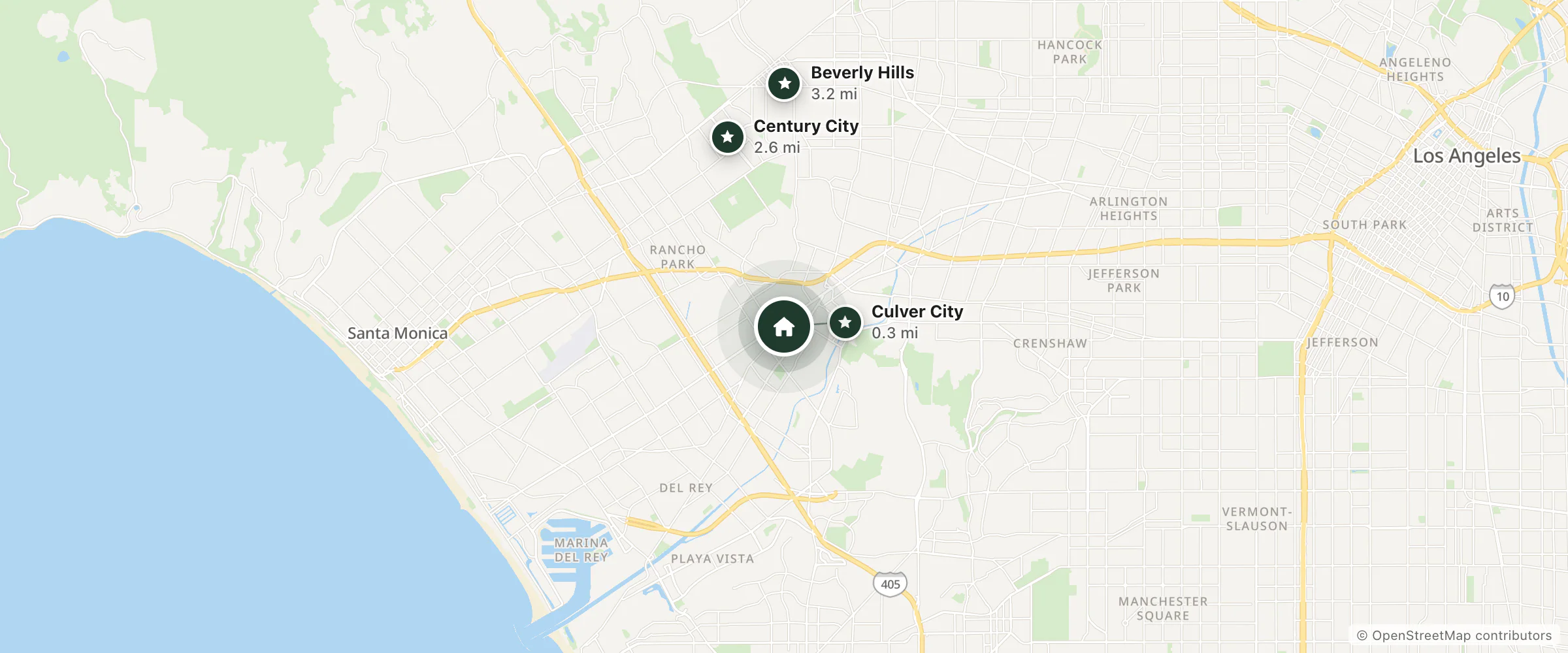 Map of Jasmine Hotel and nearby Culver City, Century City and Beverly Hills