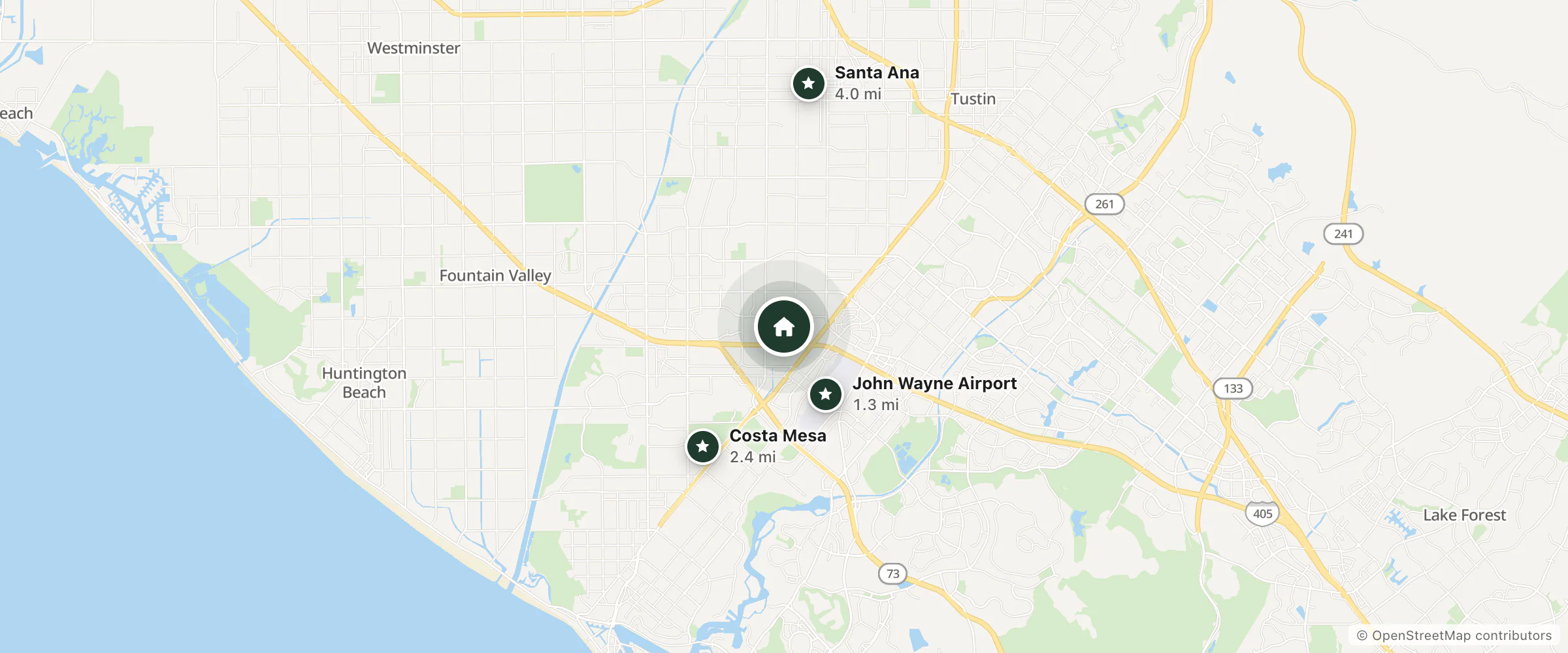 Map of Tribute Portfolio and nearby John Wayne Airport, Costa Mesa and Santa Ana