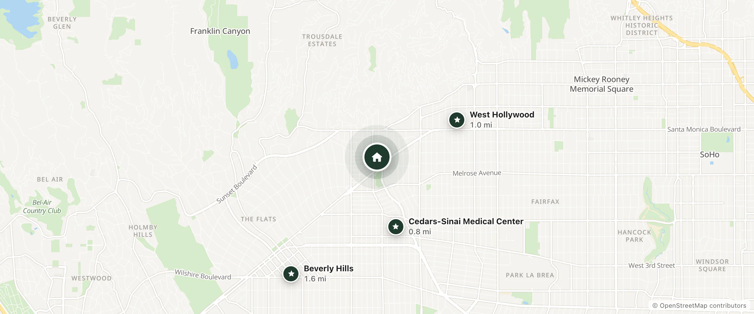 Map of Hotel 850 SVB and nearby Cedars-Sinai Medical Center, West Hollywood and Beverly Hills