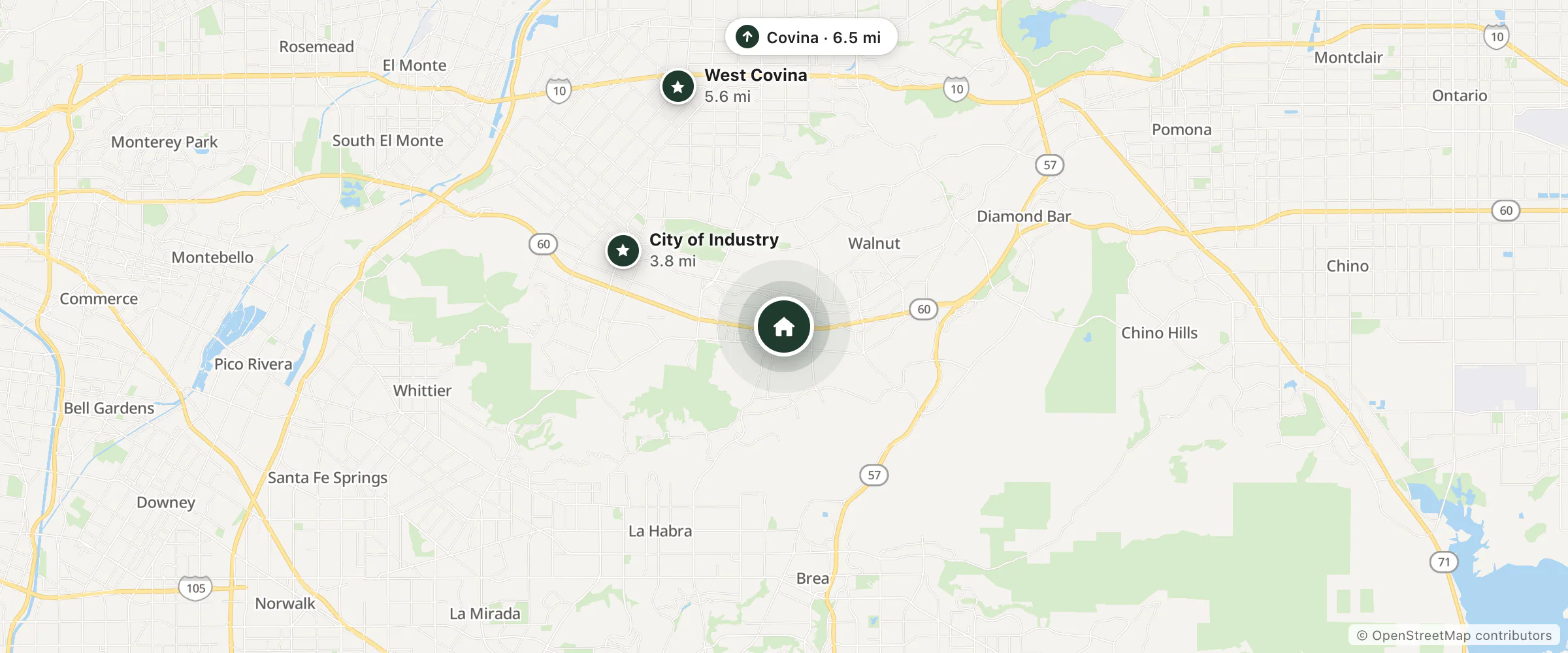 Map of Pikaia Lodge and nearby City of Industry, West Covina and Covina