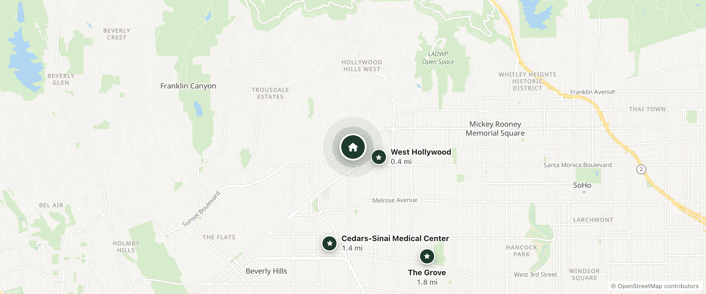 Map of 1 Hotel and nearby West Hollywood, Cedars-Sinai Medical Center and The Grove