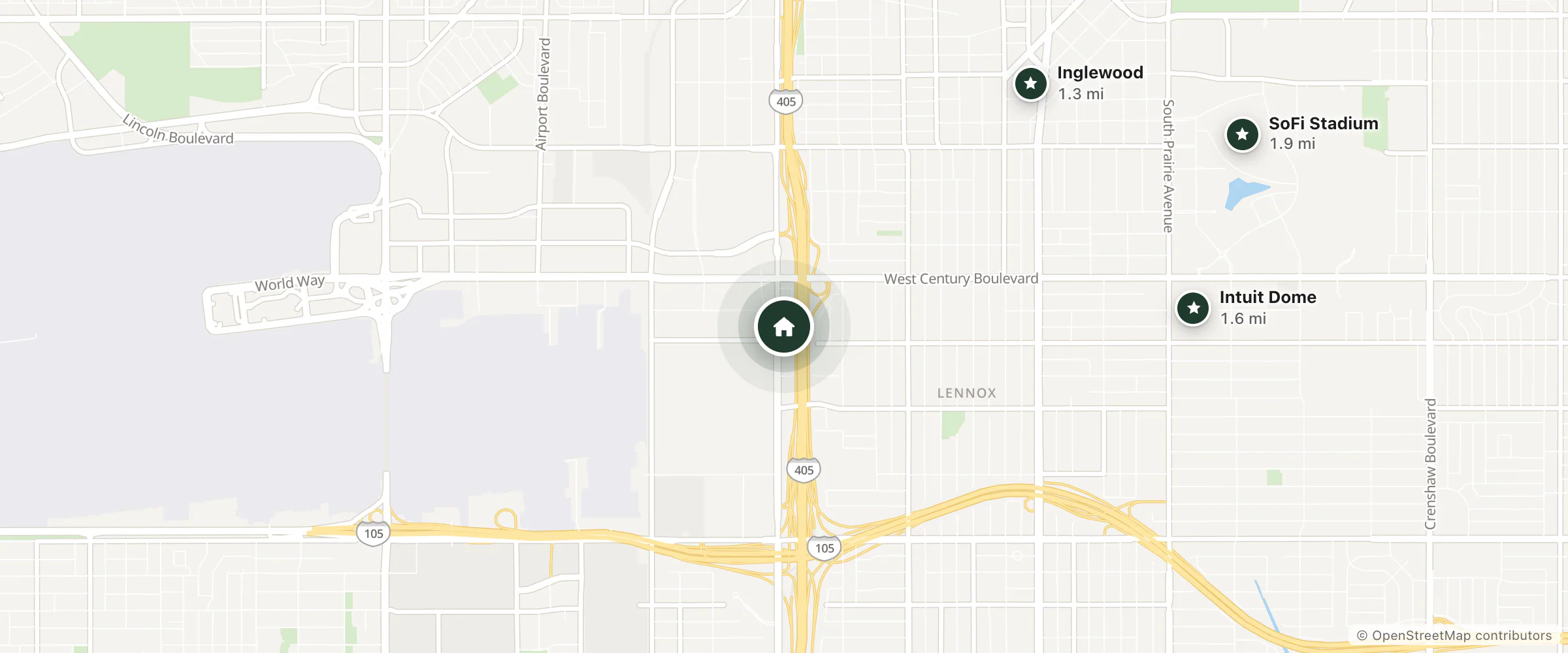 Map of Hampton Inn Los Angeles Airport and nearby Inglewood, Intuit Dome and SoFi Stadium