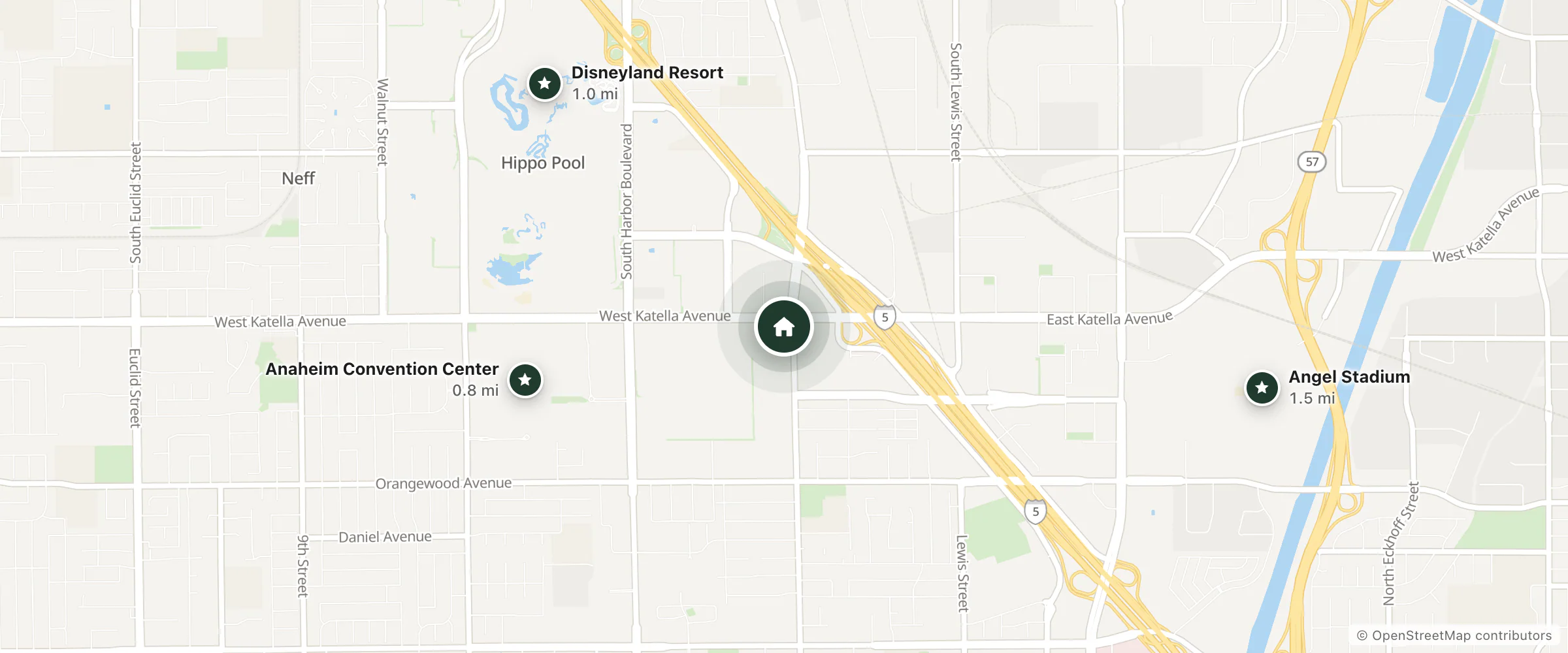 Map of Hampton Inn and Suites Anaheim Resort Convention Center and nearby Anaheim Convention Center, Disneyland Resort and Angel Stadium