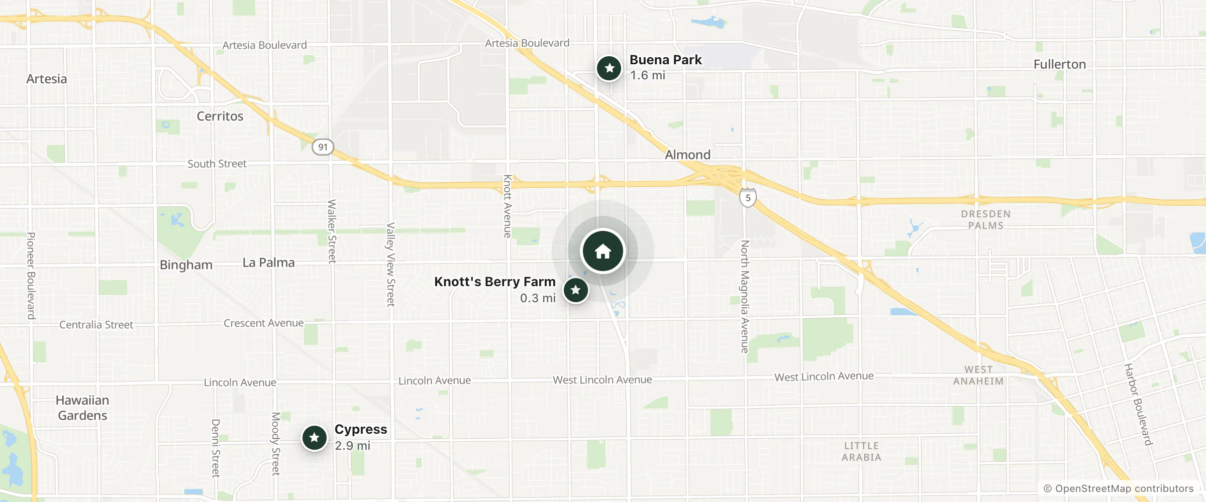 Map of Rodeway Inn Near Maingate Knott's and nearby Knott's Berry Farm, Buena Park and Cypress
