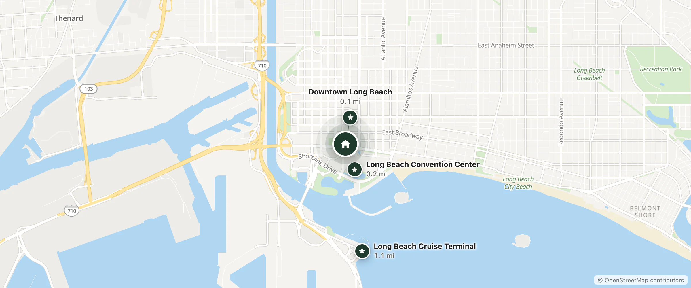 Map of Marriott Long Beach Downtown and nearby Downtown Long Beach, Long Beach Convention Center and Long Beach Cruise Terminal