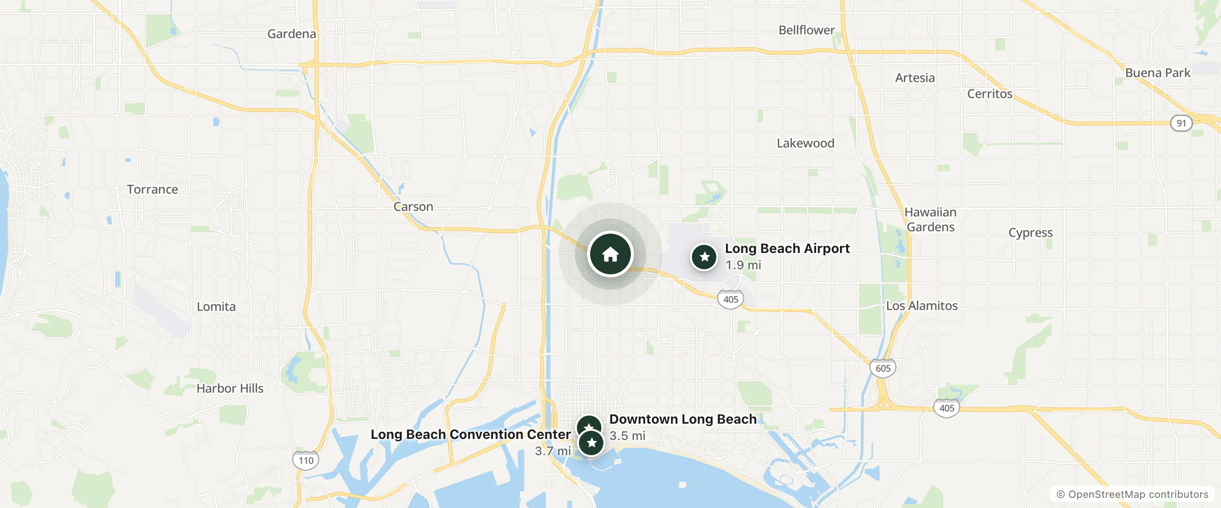 Map of The Concourse Hotel At Los Angeles Airport - A Hyatt Affiliated Hotel and nearby Long Beach Airport, Downtown Long Beach and Long Beach Convention Center
