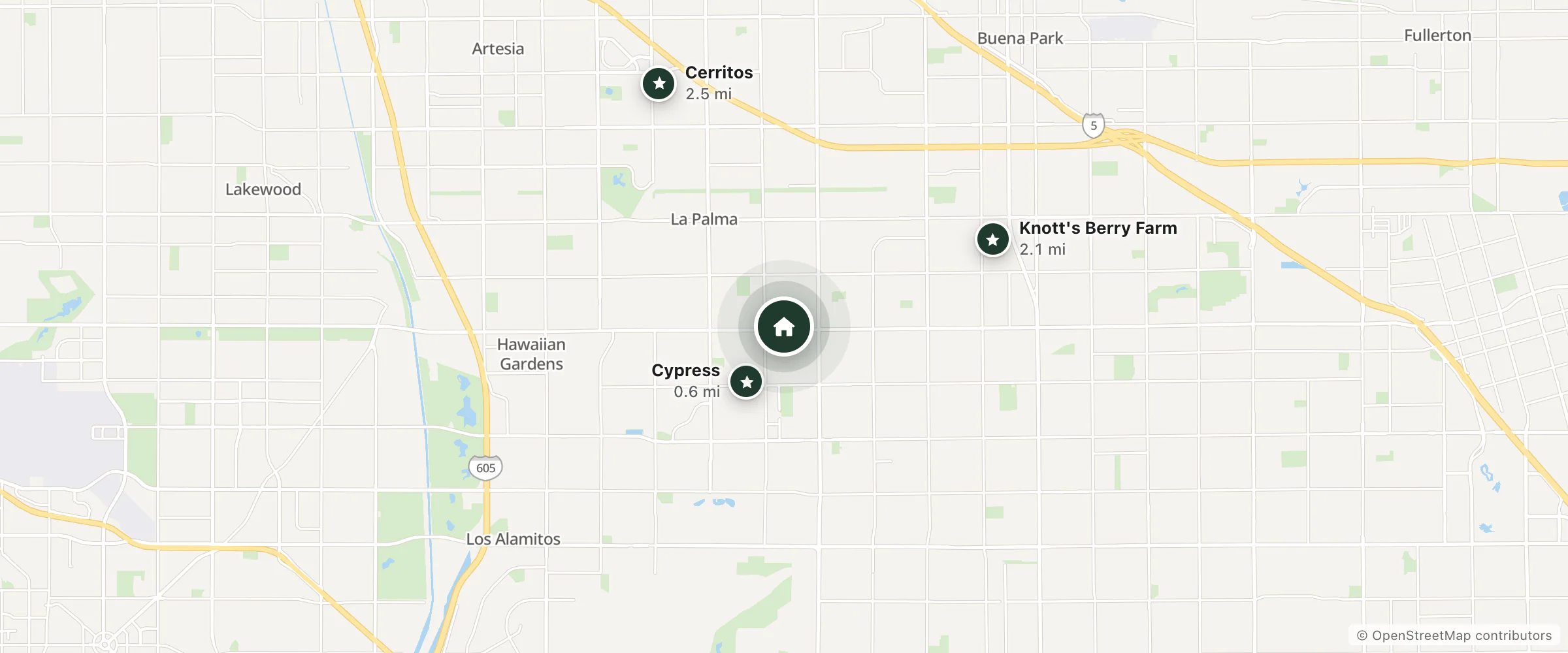 Map of Super 8 by Wyndham Cypress Buena Park Area and nearby Cypress, Knott's Berry Farm and Cerritos