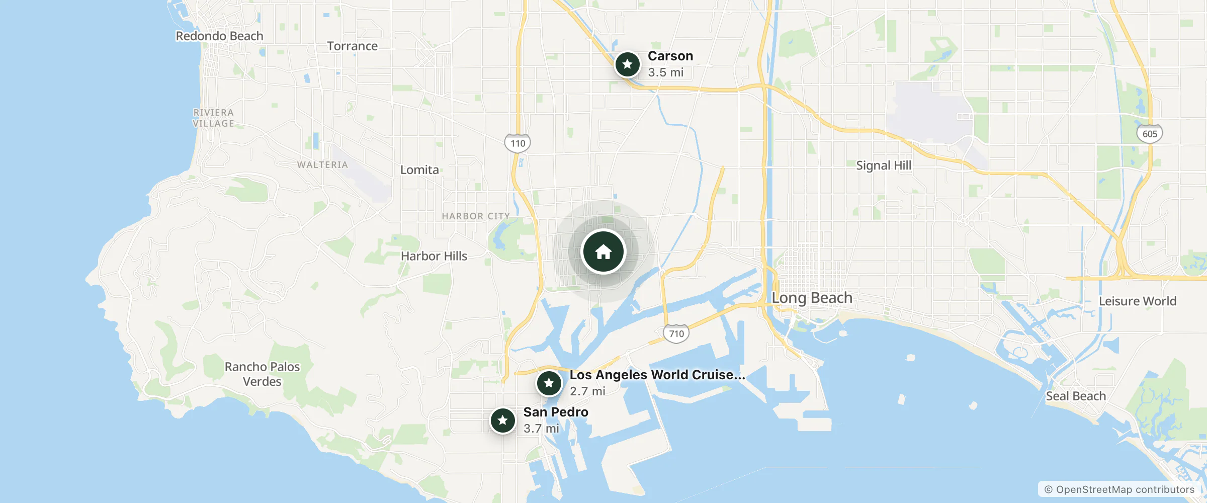 Map of Stanford Hotel and nearby Los Angeles World Cruise Center, Carson and San Pedro