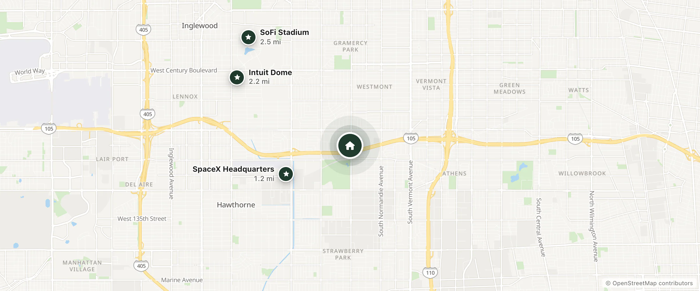 Map of La Mirage Inn LAX Airport and nearby SpaceX Headquarters, Intuit Dome and SoFi Stadium