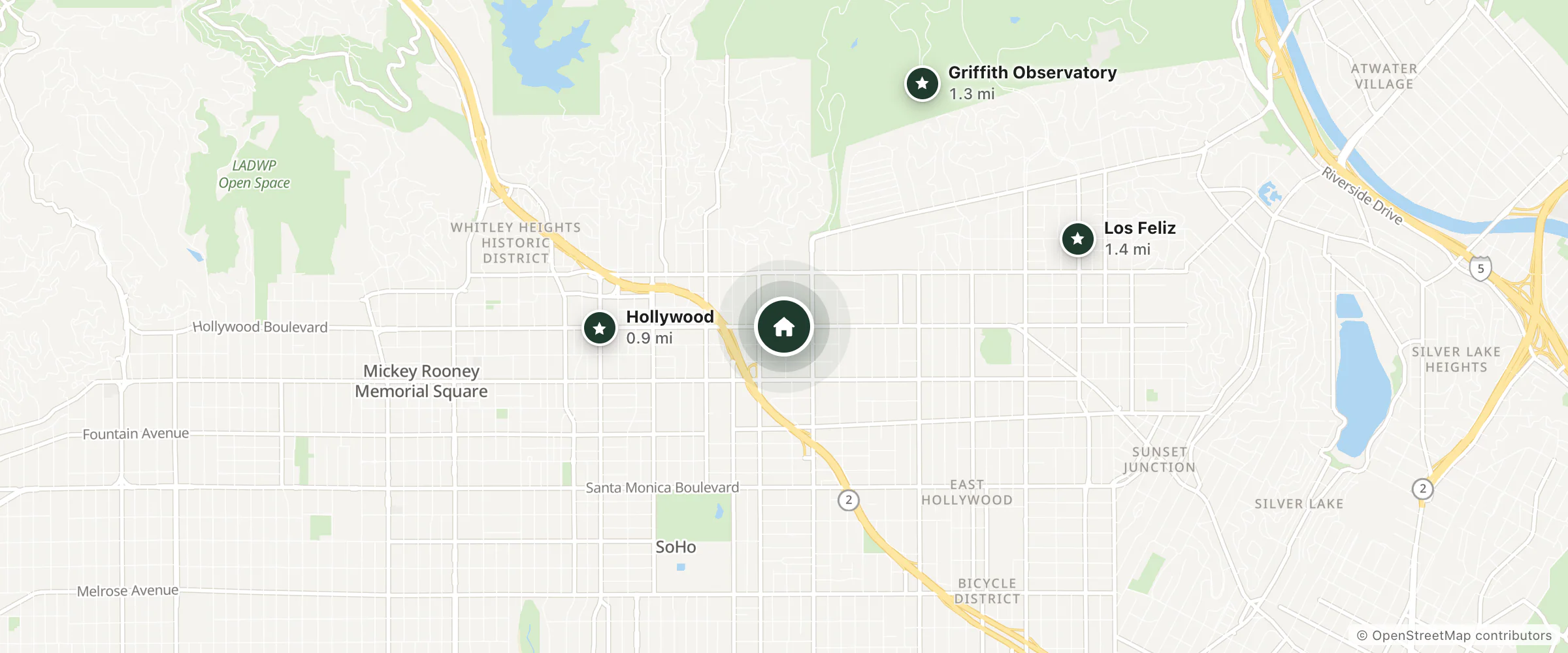 Map of Hollywood Downtowner Motel and nearby Hollywood, Griffith Observatory and Los Feliz