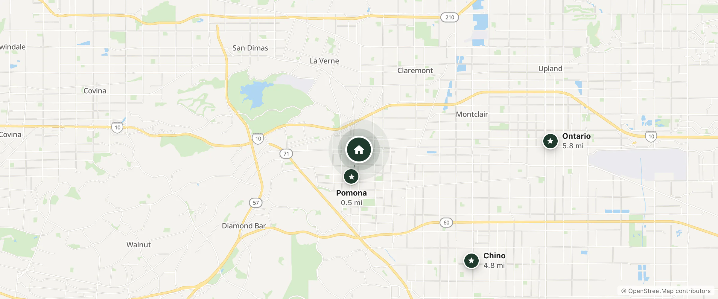 Map of OYO Hotel Pomona CA - I-10 & Hwy 71 and nearby Pomona, Chino and Ontario