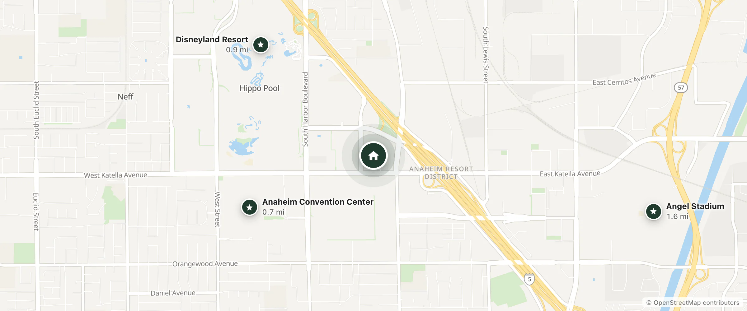 Map of Extended Stay America and nearby Anaheim Convention Center, Disneyland Resort and Angel Stadium