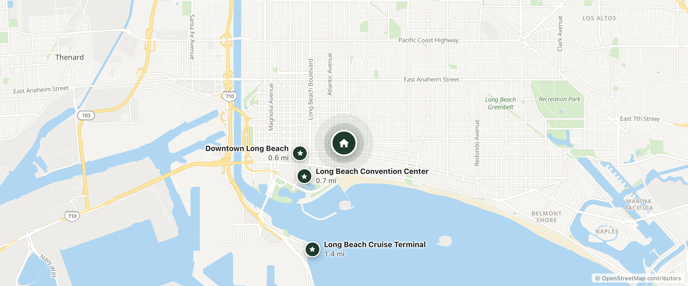 Map of Beach Inn and nearby Downtown Long Beach, Long Beach Convention Center and Long Beach Cruise Terminal