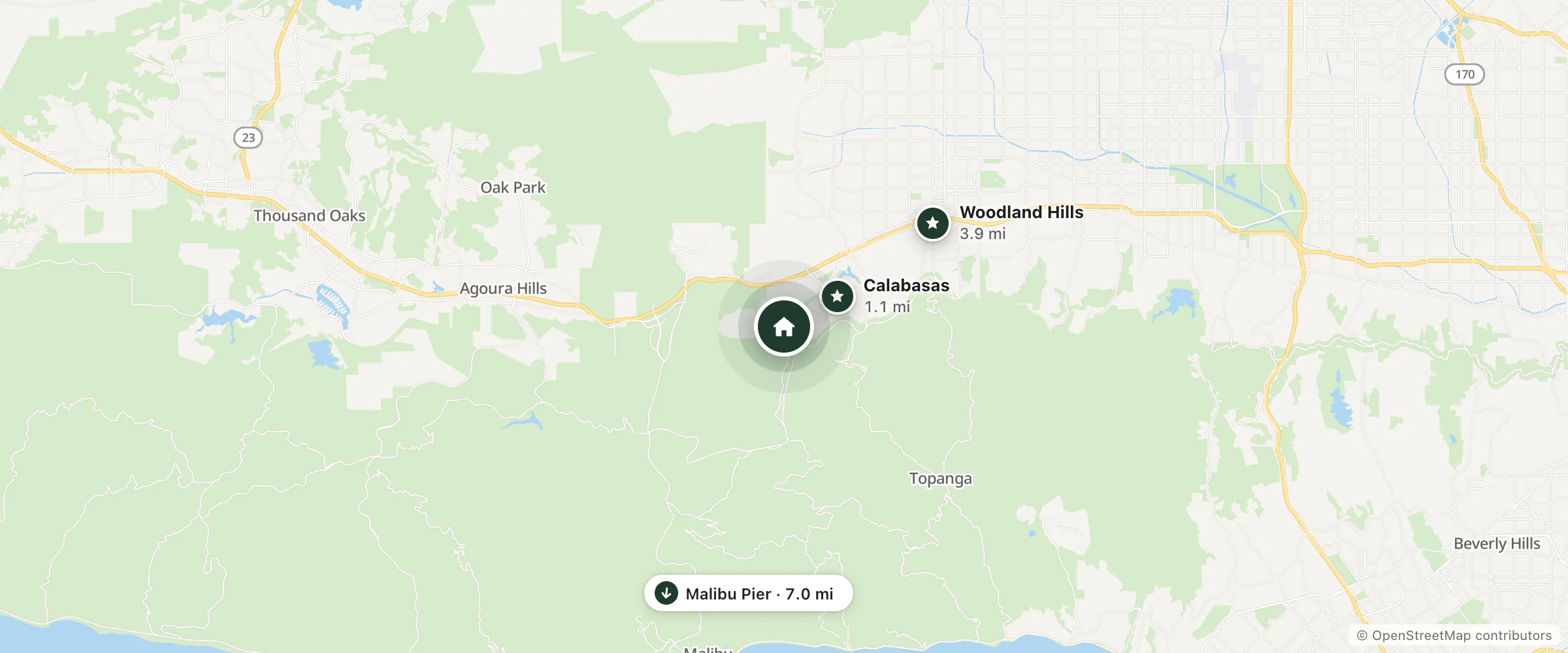 Map of Ridgeley Suites and nearby Calabasas, Woodland Hills and Malibu Pier