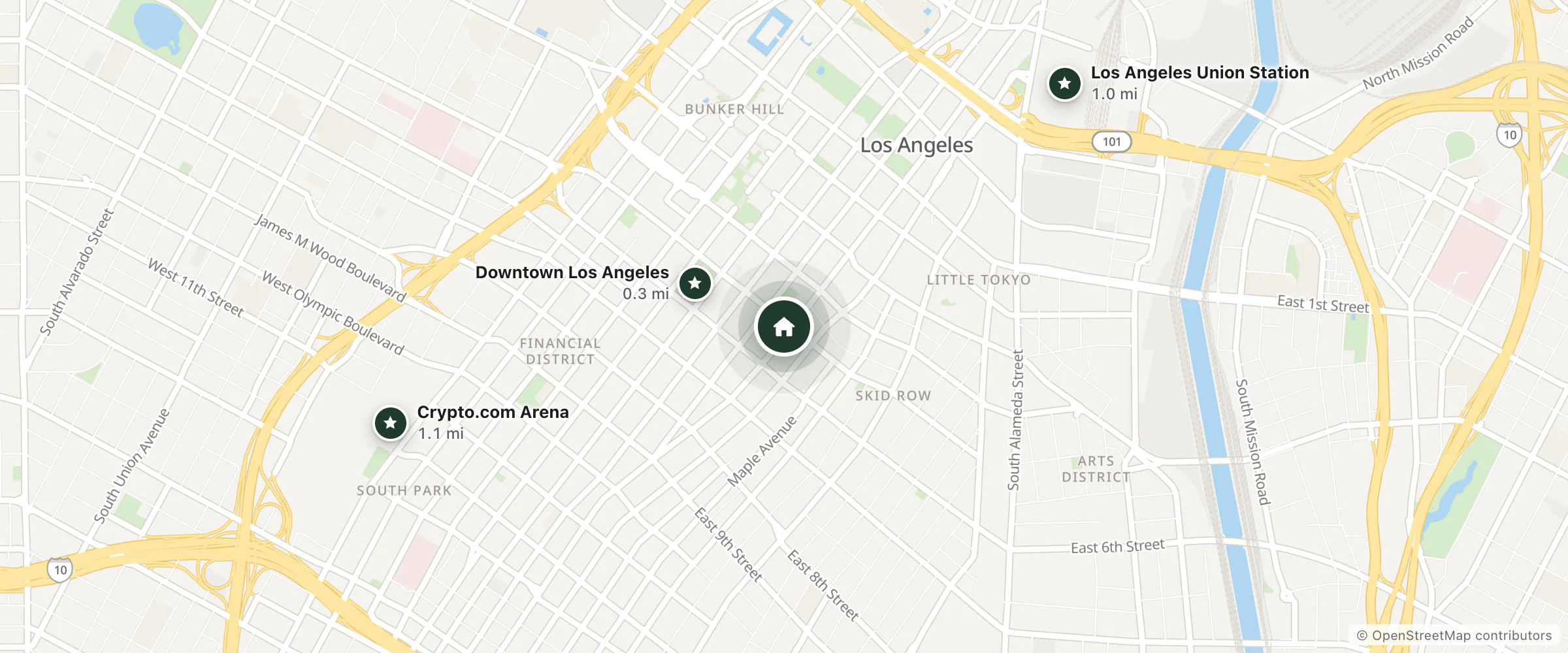 Map of Rosslyn Hotel and nearby Downtown Los Angeles, Los Angeles Union Station and Crypto.com Arena