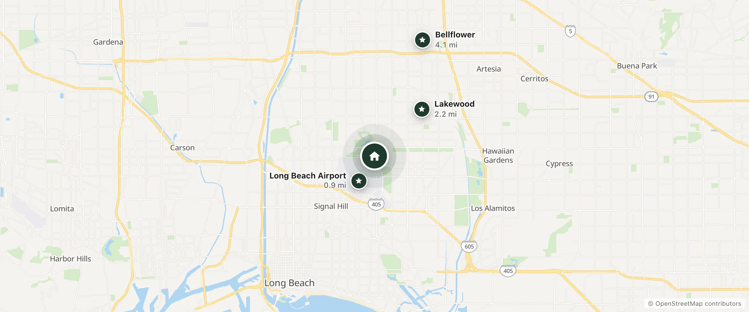 Map of Courtyard By Marriott and nearby Long Beach Airport, Lakewood and Bellflower