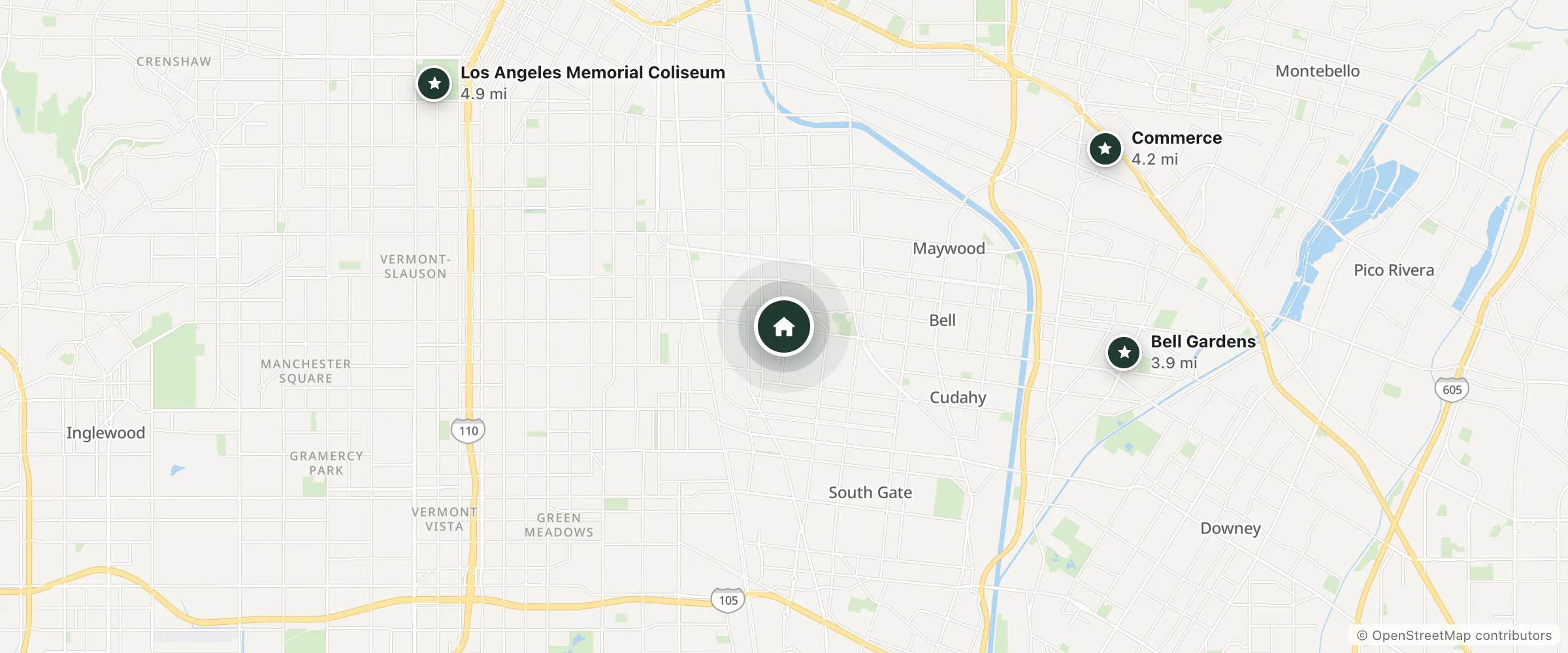 Map of Huntington Motel and nearby Bell Gardens, Commerce and Los Angeles Memorial Coliseum