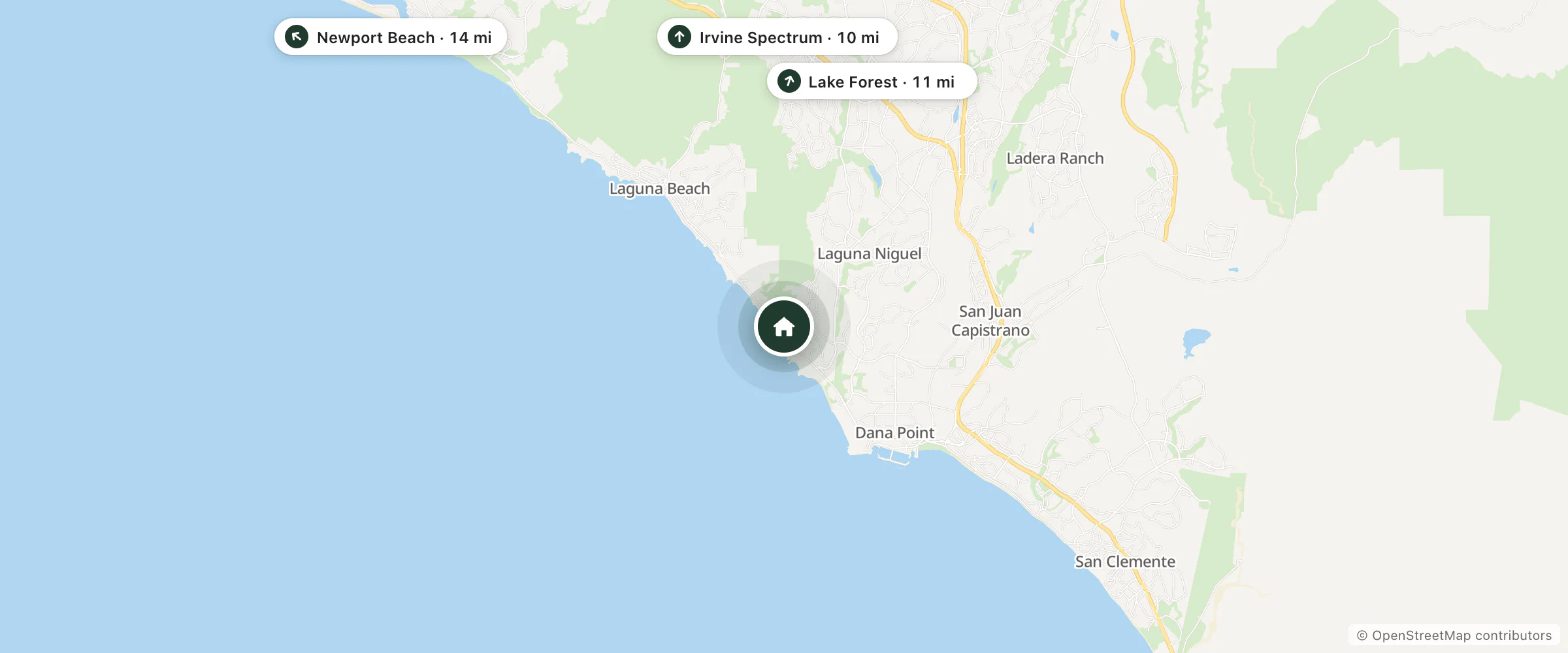 Map of Laguna Cottage and nearby Irvine Spectrum, Lake Forest and Newport Beach