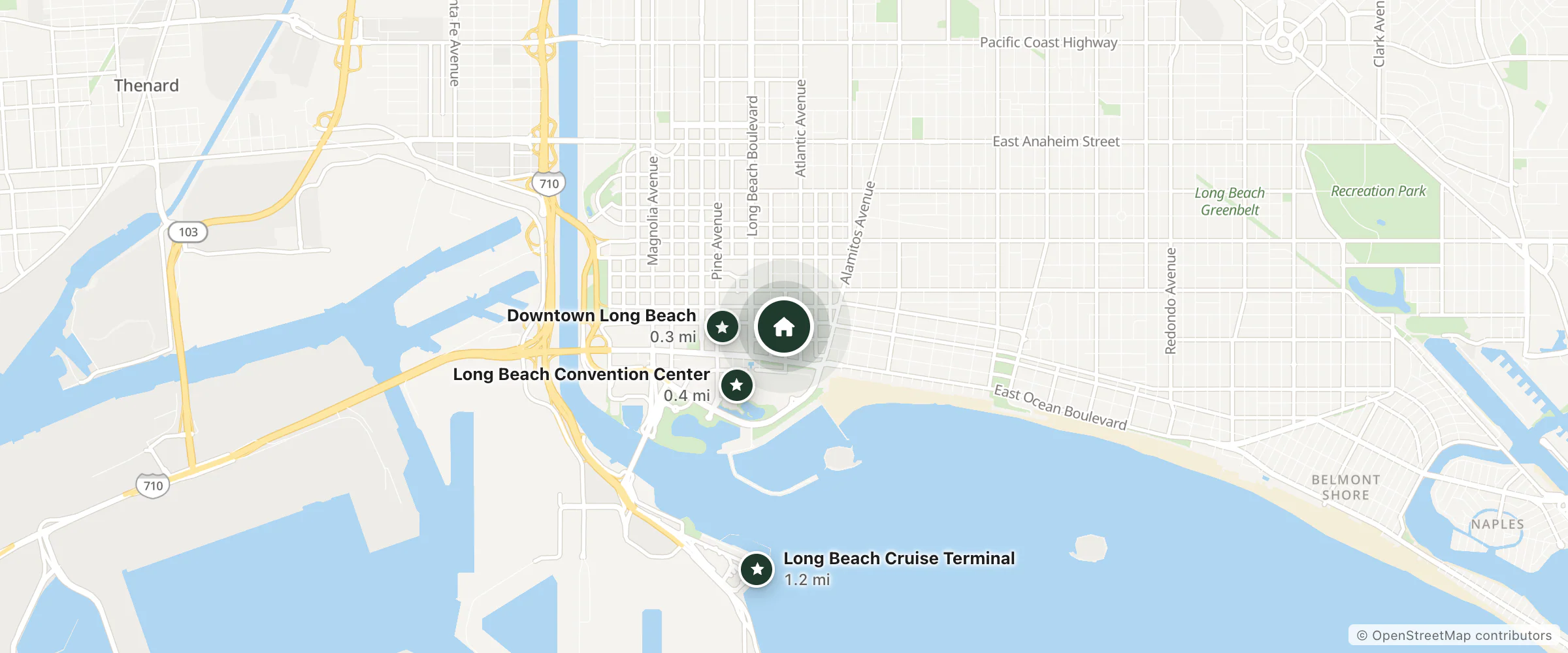 Map of Broadlind Hotel and nearby Downtown Long Beach, Long Beach Convention Center and Long Beach Cruise Terminal