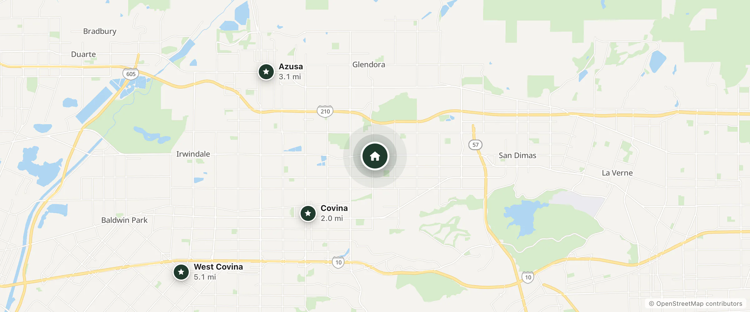 Map of Evergreen Inn and nearby Covina, Azusa and West Covina