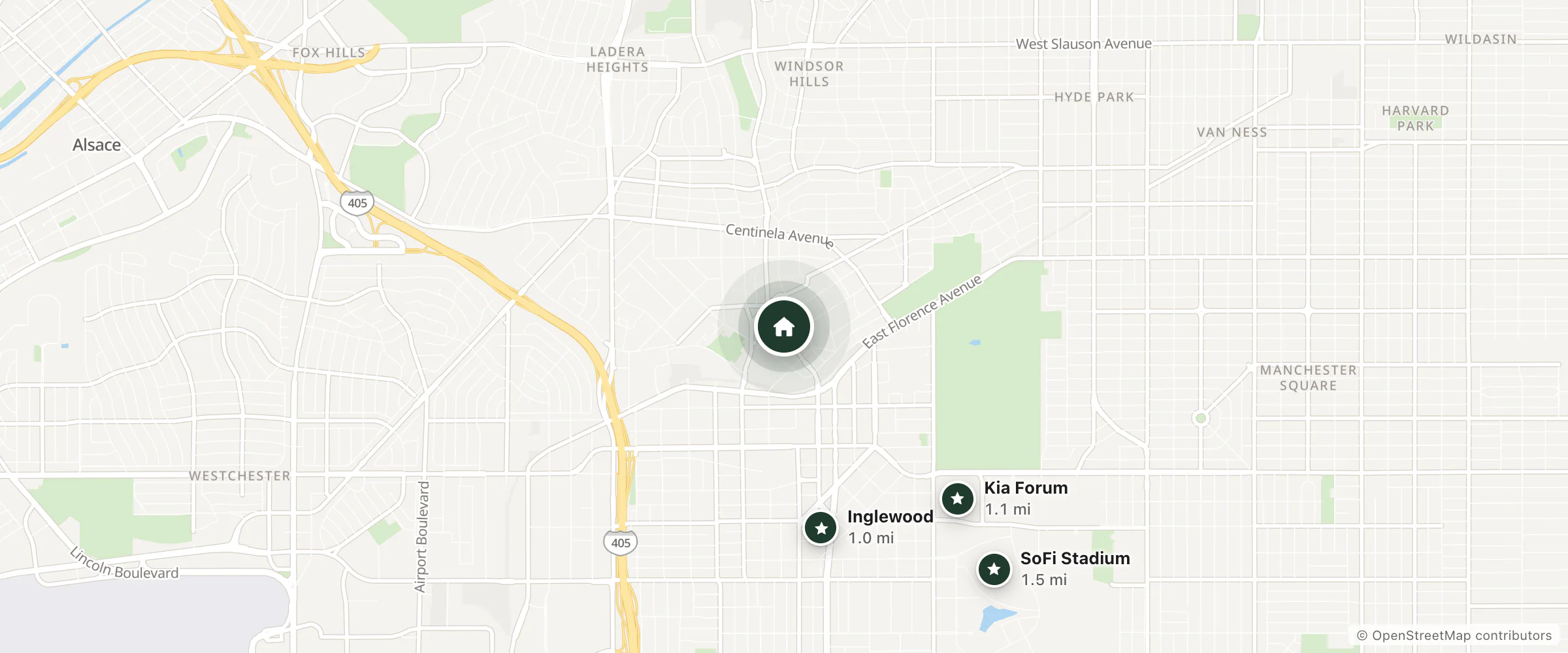 Map of La Brea Hotel and nearby Inglewood, Kia Forum and SoFi Stadium