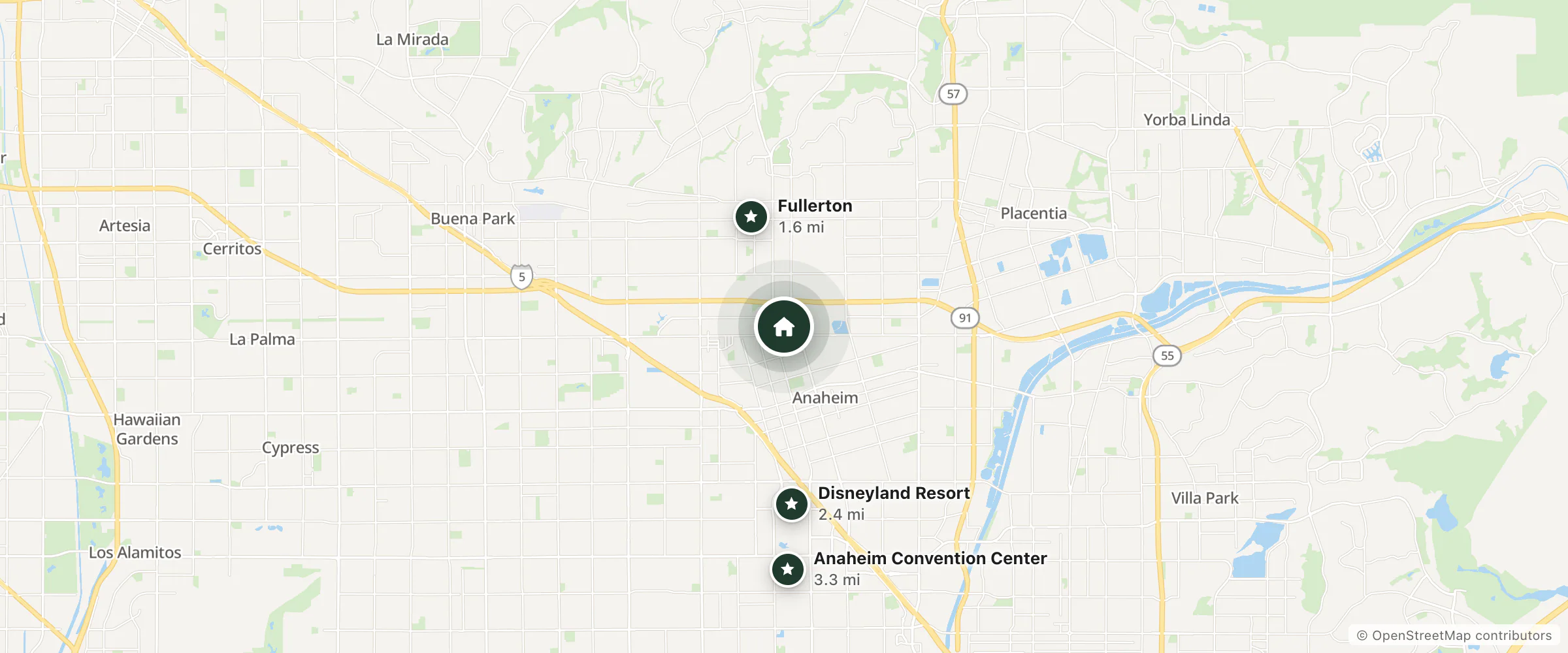 Map of Crown Motel and nearby Fullerton, Disneyland Resort and Anaheim Convention Center