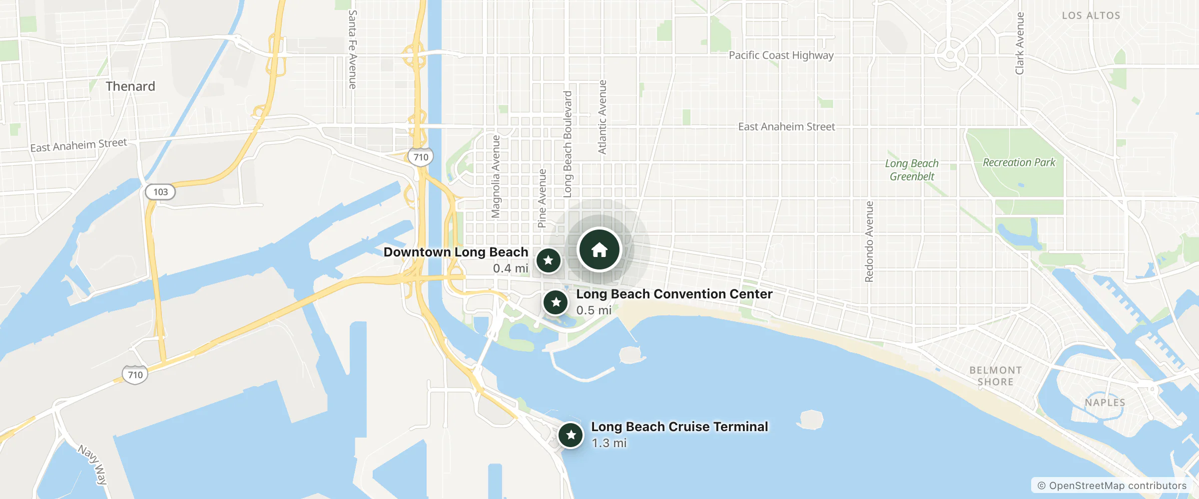 Map of Sonder City Center and nearby Downtown Long Beach, Long Beach Convention Center and Long Beach Cruise Terminal
