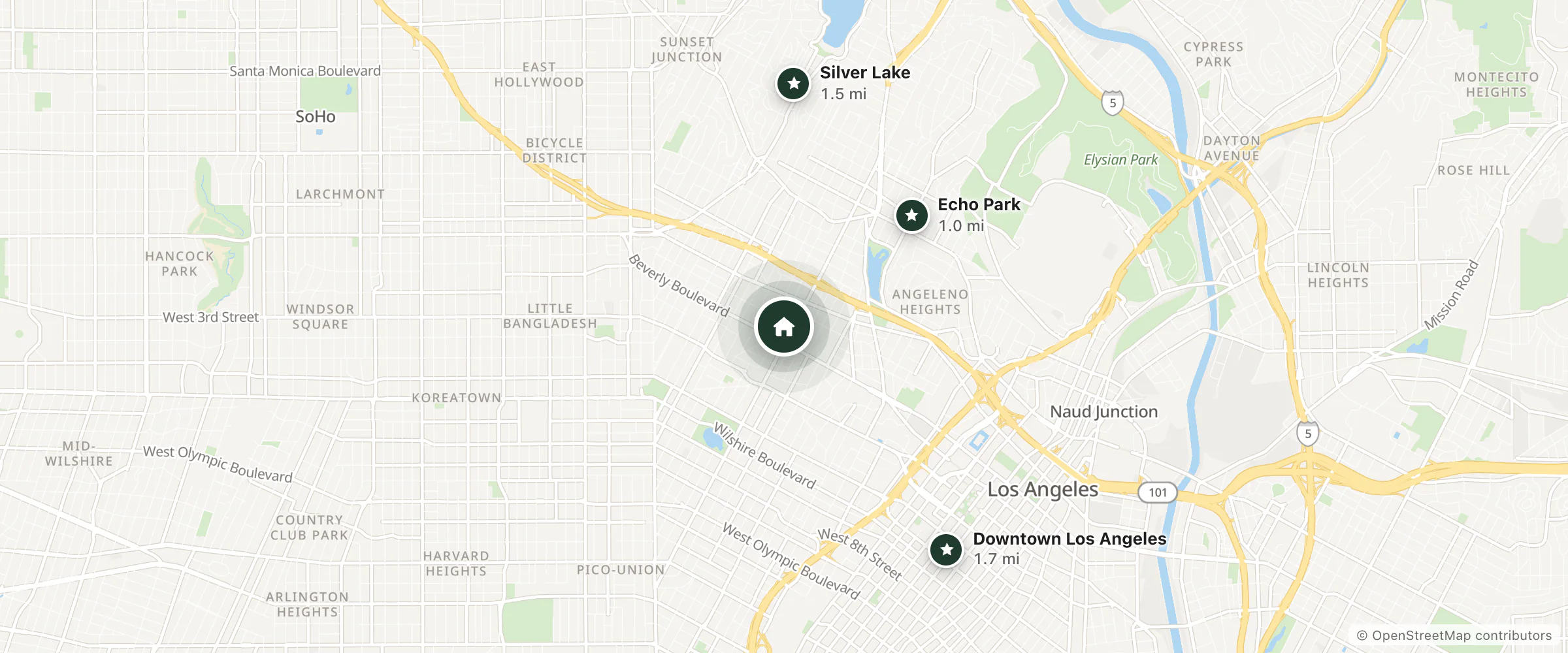 Map of Hollywood Inn Express South and nearby Echo Park, Silver Lake and Downtown Los Angeles
