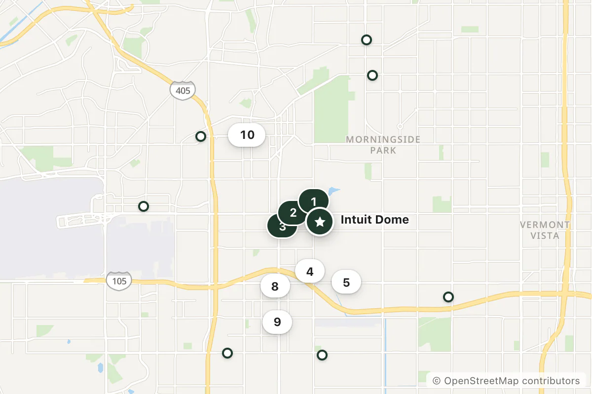 Map of the top 18 hotels for this question around Intuit Dome