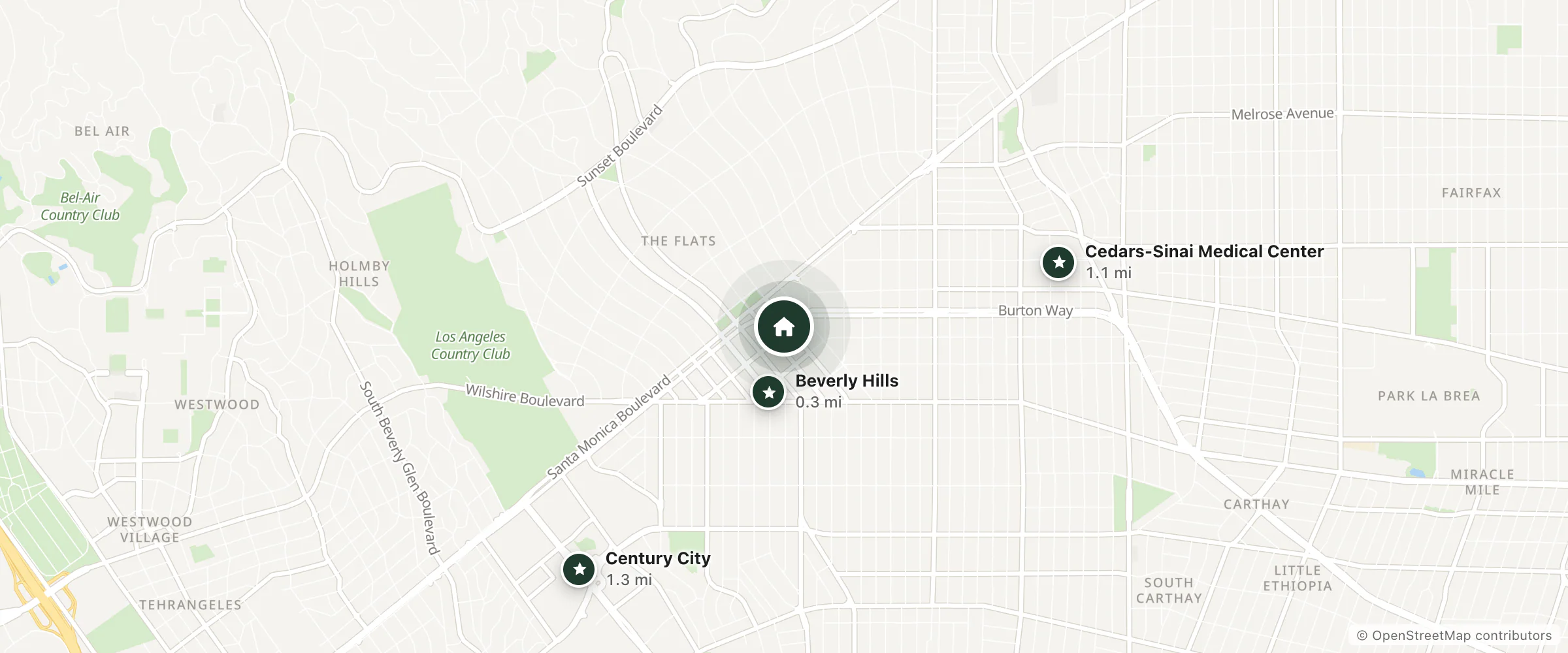 Map of Hotel del Flores and nearby Beverly Hills, Cedars-Sinai Medical Center and Century City