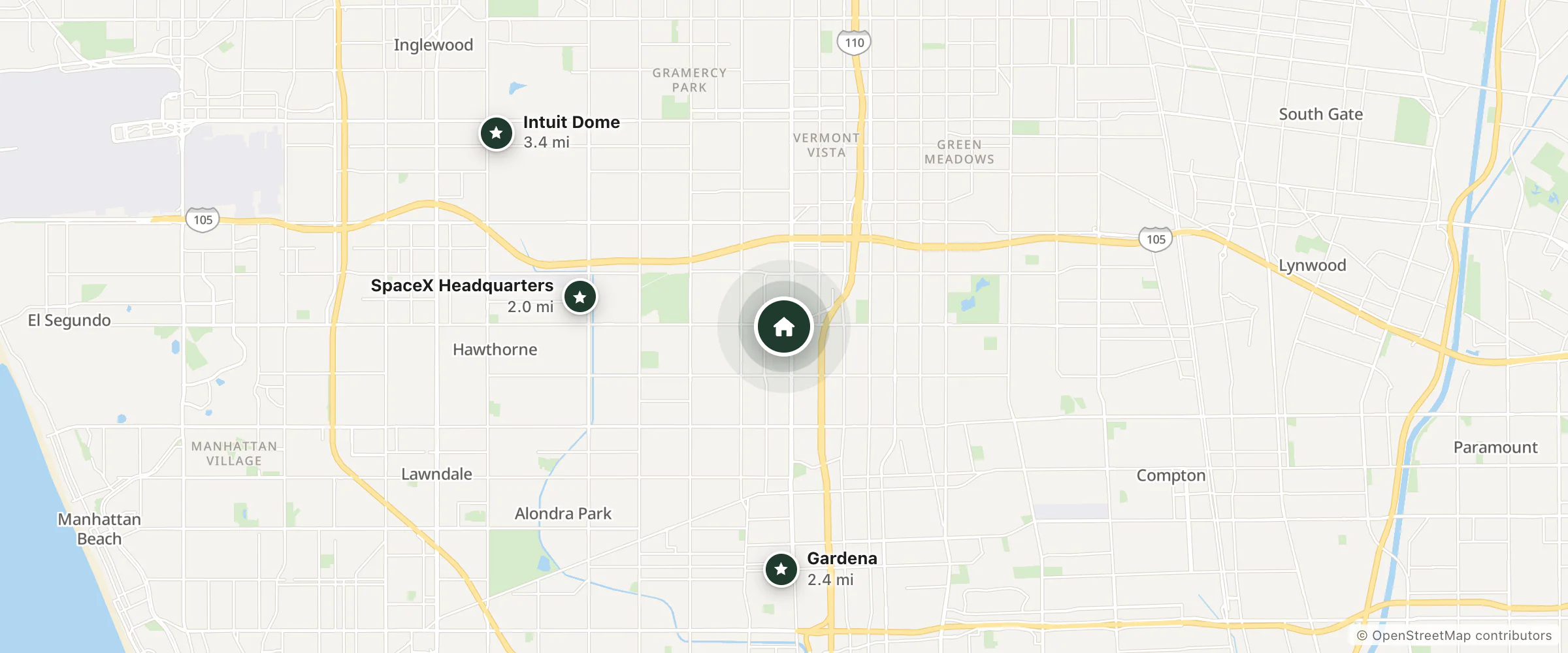 Map of Hollywood Inn Suites Hotel and nearby SpaceX Headquarters, Gardena and Intuit Dome