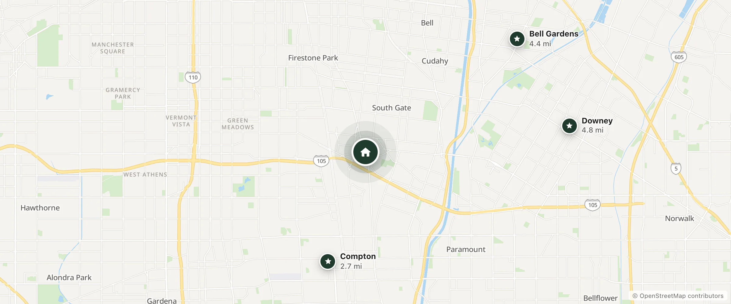 Map of World Motel and nearby Compton, Bell Gardens and Downey